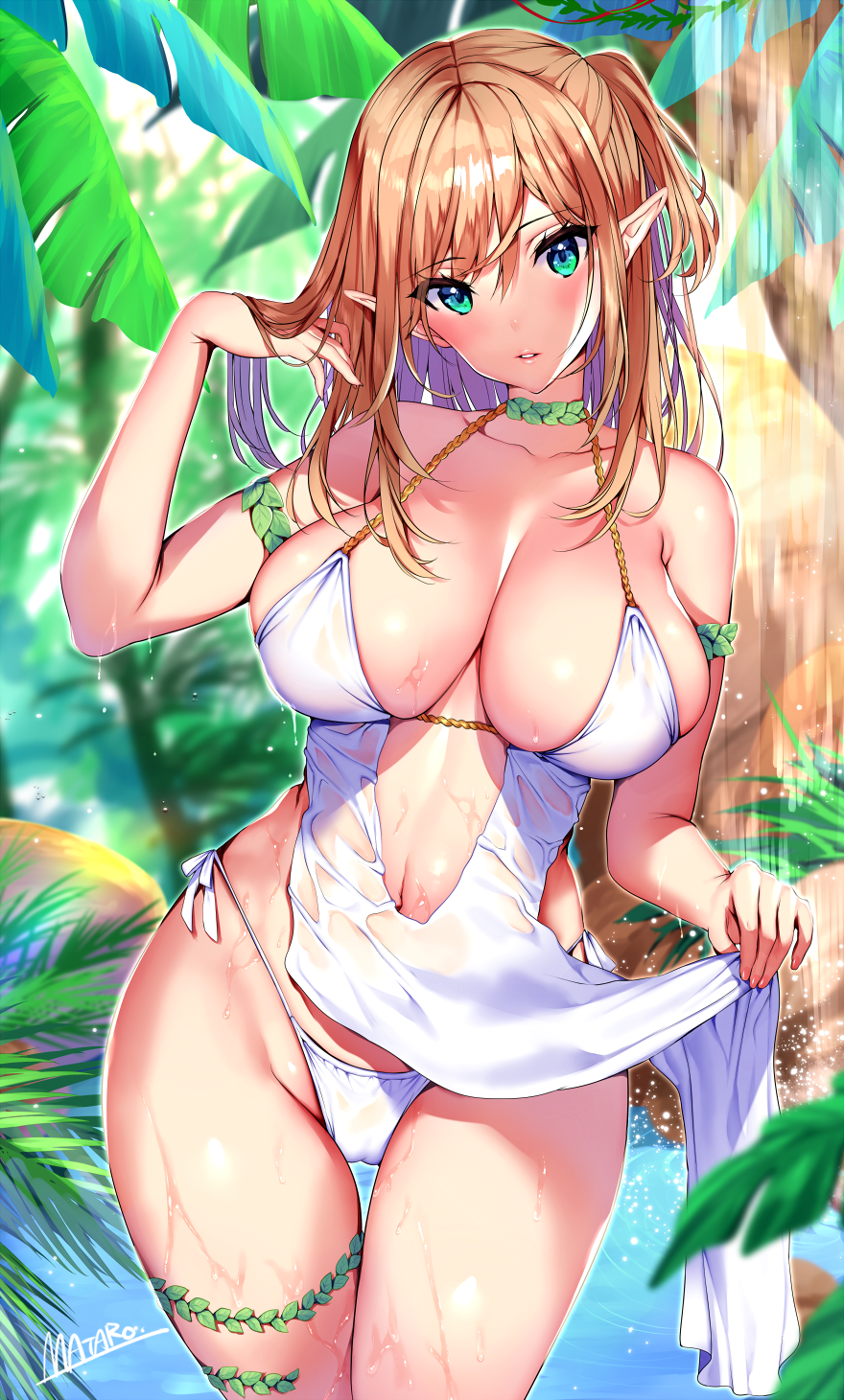 Anime 880x1461 anime girls Matarou white bikini cleavage elves blonde green eyes wet big boobs anime