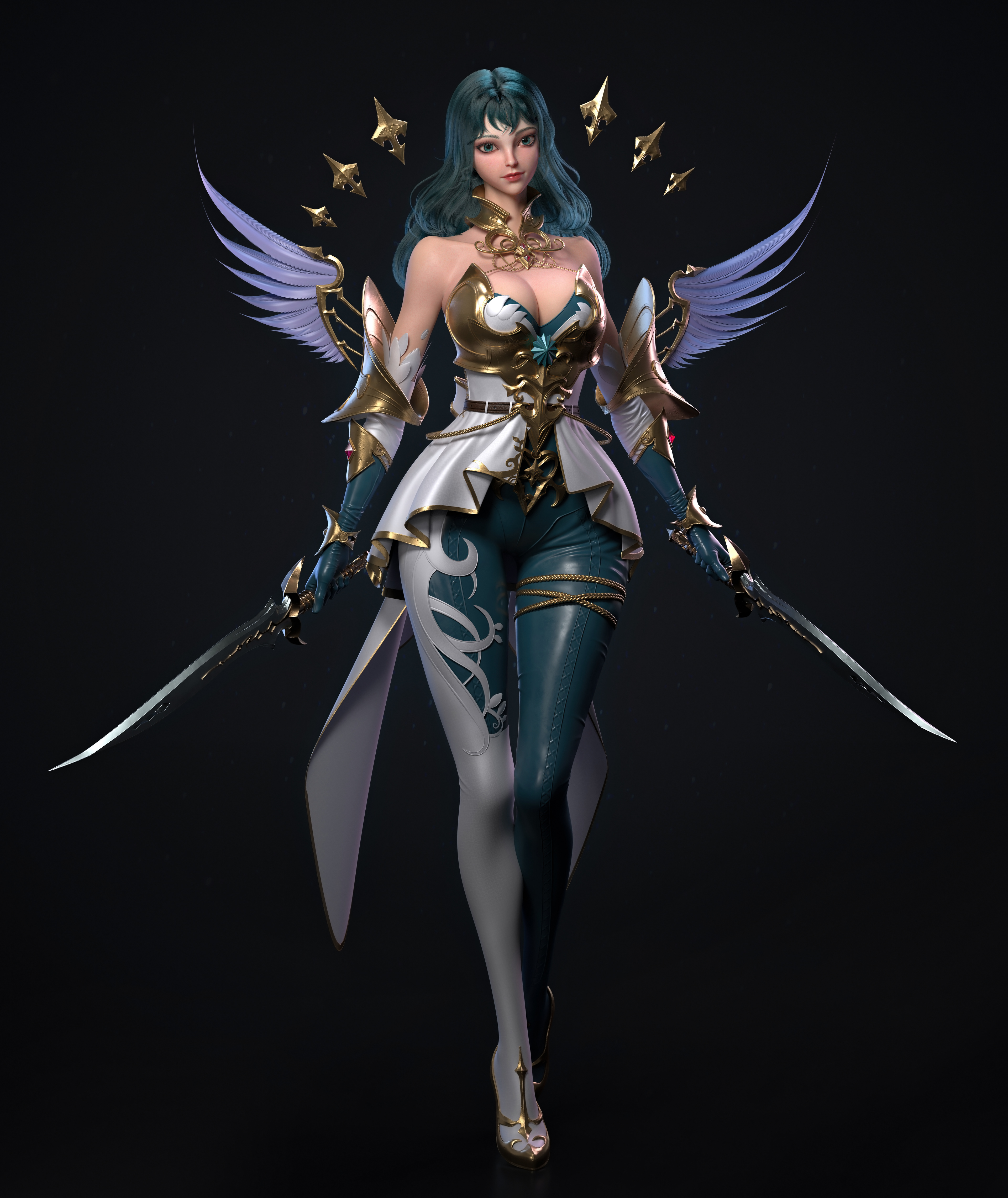 General 3840x4565 Cifangyi CGI women blue hair warrior armor wings sword weapon simple background long hair turquoise hair turquoise eyes blue eyes