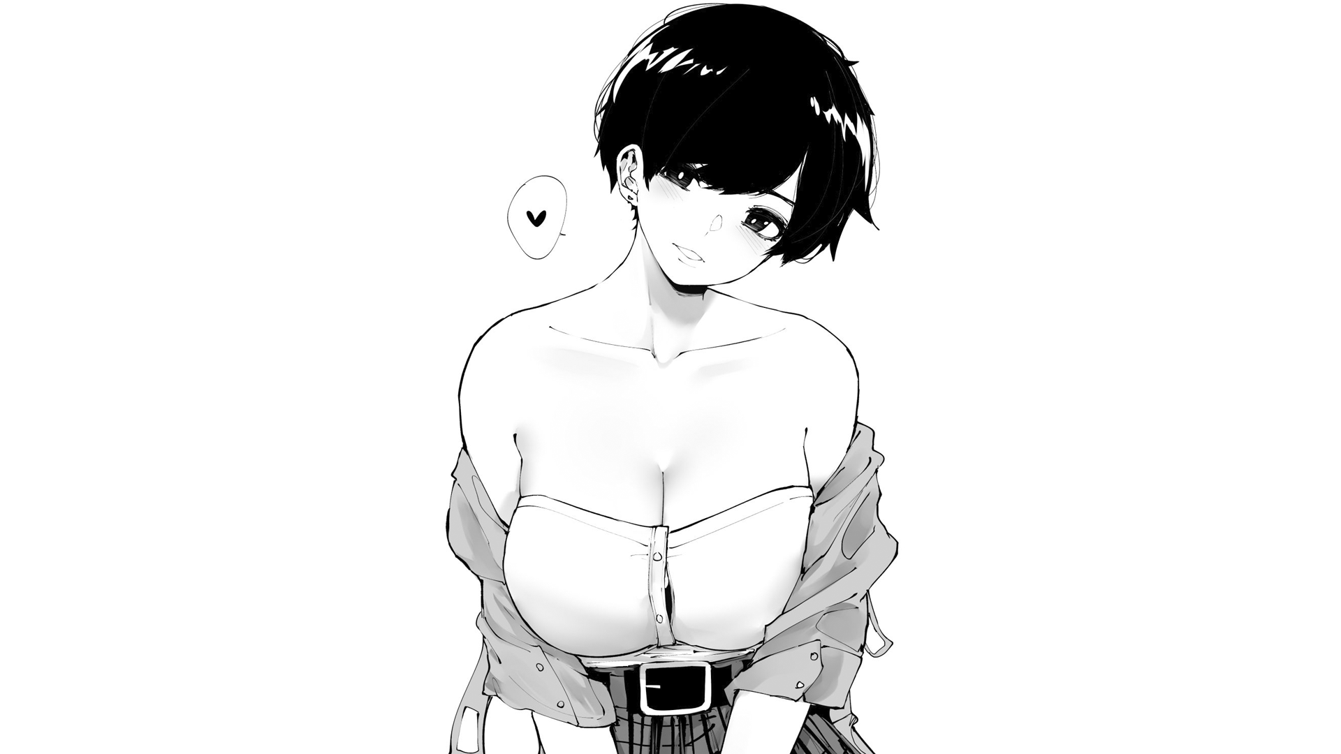 Anime 1920x1080 anime anime girls ecchi simple background big boobs strapless dress huge breasts short hair cleavage blushing speech bubble heart (design) bare shoulders monochrome manga white background collarbone