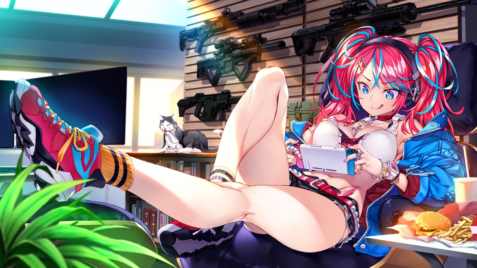 Anime 2000x1125 anime girls original characters gun cats open jacket cleavage redhead blue eyes tongue out Matsuryuu colorful legs belly bra tongues anime