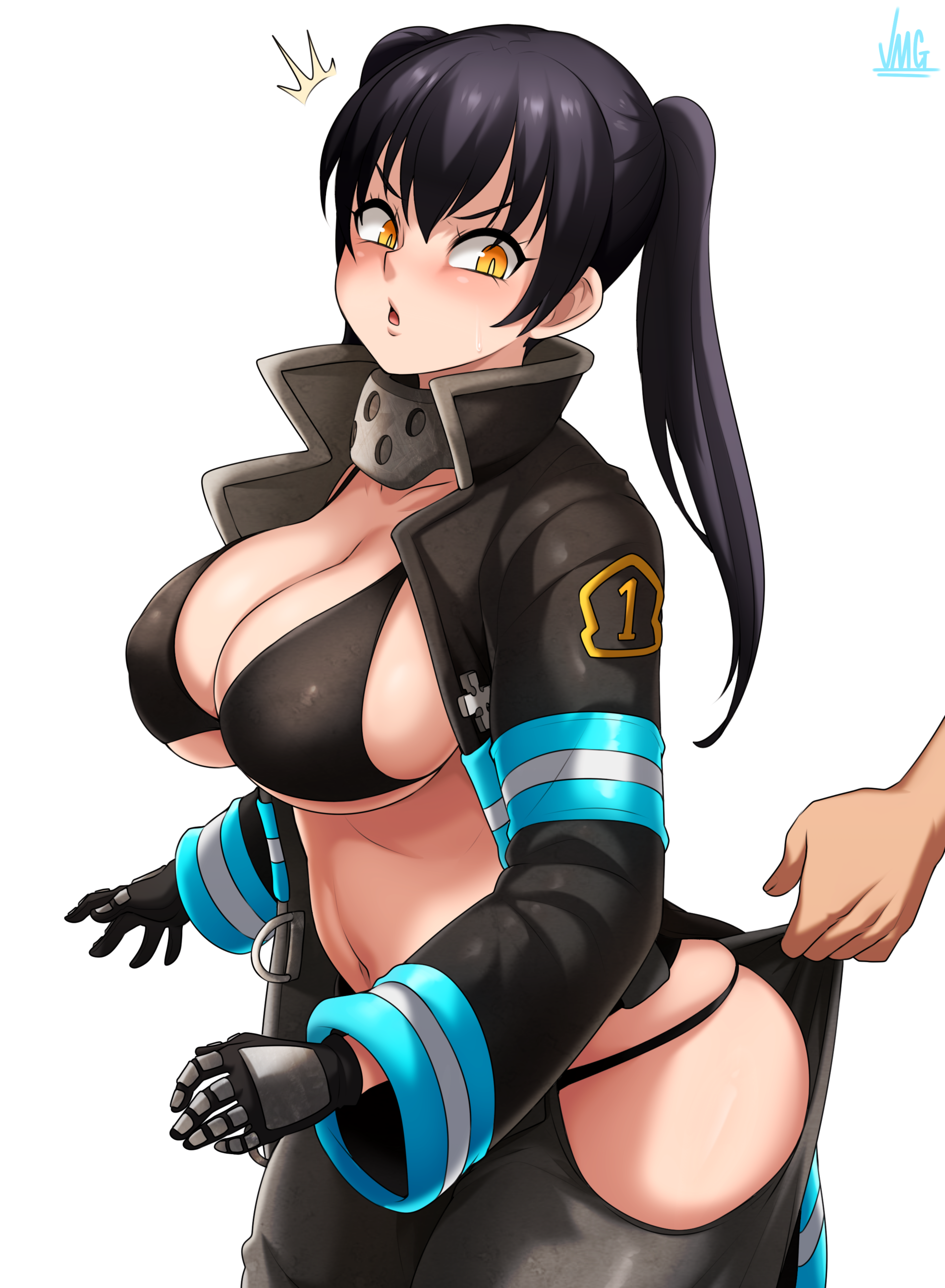 Anime 1907x2600 Enen no Shouboutai JK firefighers black bikinis black coat big boobs twintails wide breasts wide hips anime girls belly button thighs the gap long hair black hair cleavage sideboob ass glutes portrait display Tamaki Kotatsu ecchi hanging boobs belly looking away thick thigh thick ass open mouth orange eyes fan art simple background embarrassed curvy arched back big areolae anime