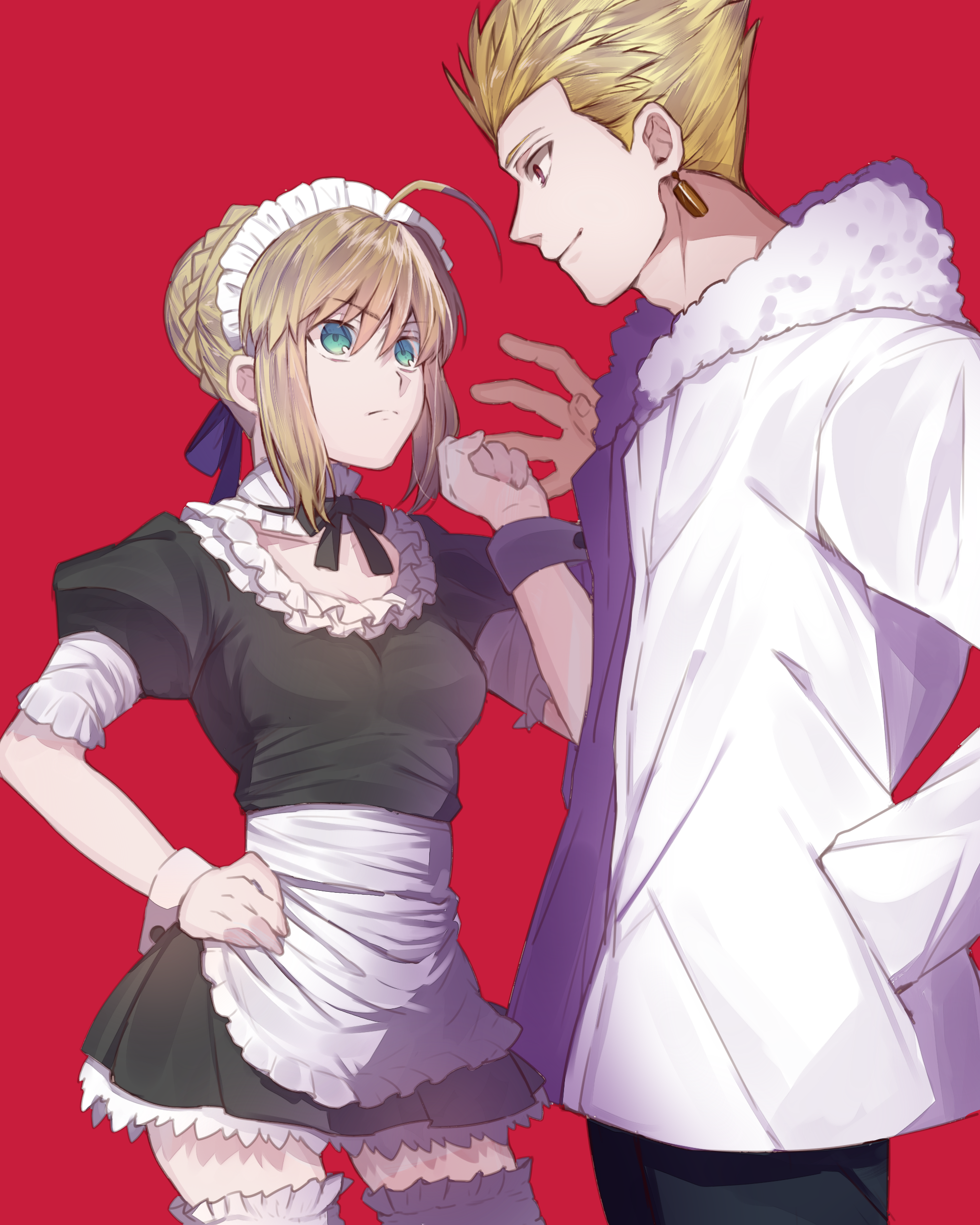 Anime 2000x2500 Fate series Fate/Stay Night small boobs maid outfit white coat cleavage ahoge thighs anime girls looking away 2D Saber Gilgamesh portrait display curvy braids simple background smiling aqua eyes anime boys fan art anime blonde thigh-highs Artoria Pendragon