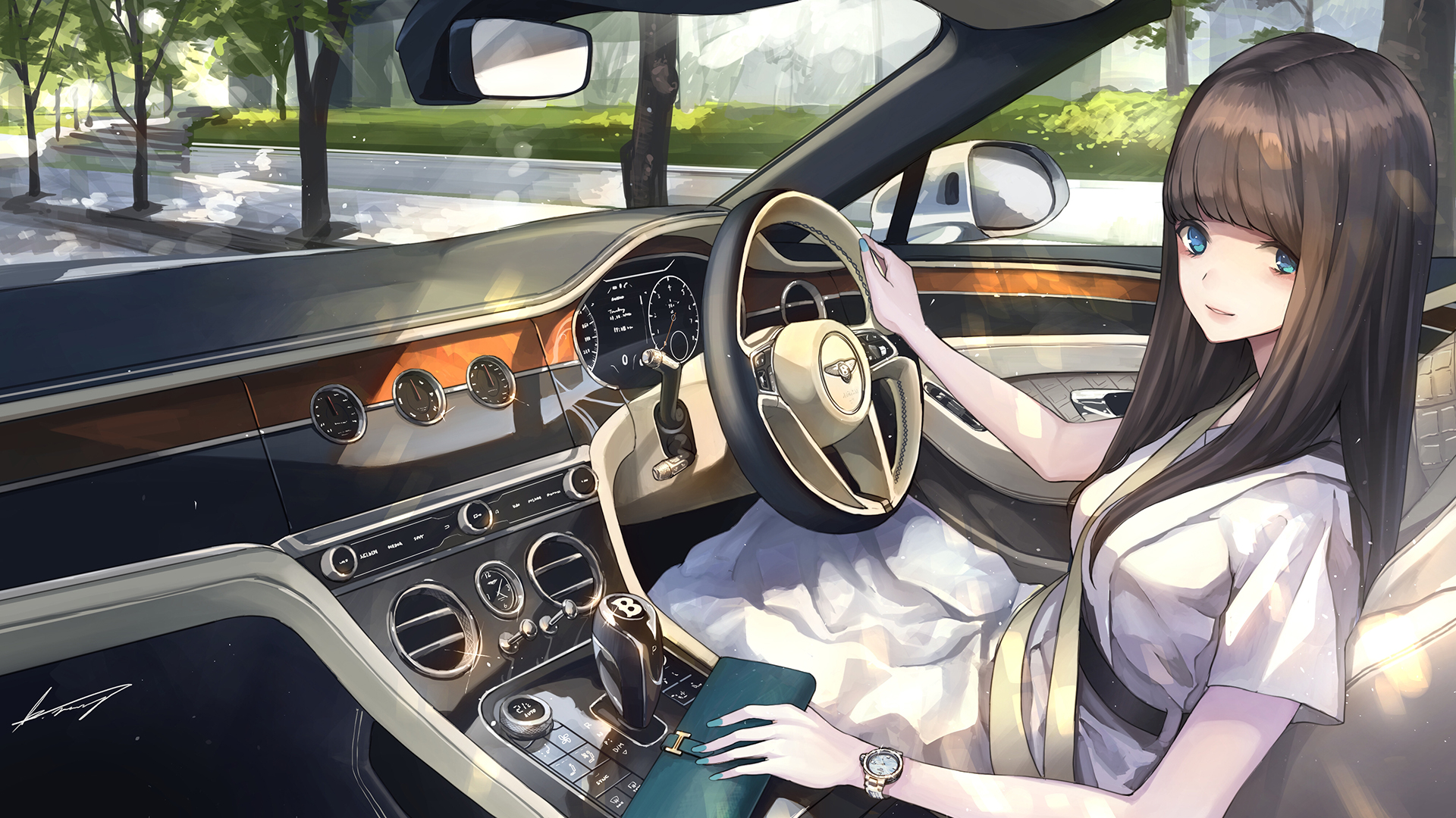 Anime 1920x1080 car brunette anime women driving luxury cars car interior