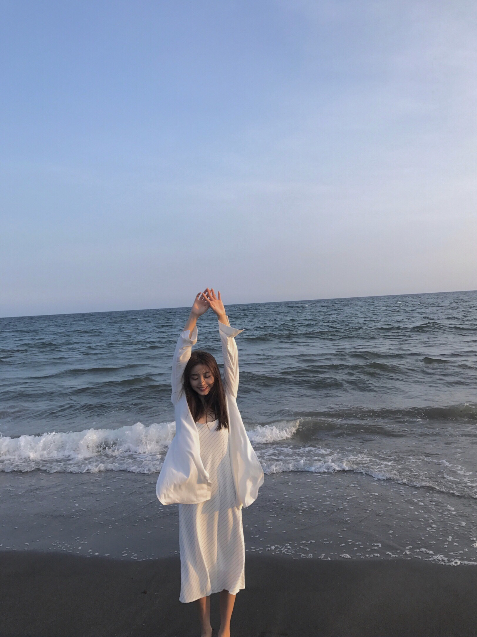 People 1624x2168 Chinese Duebass beach women outdoors arms up white clothing sea black hair long hair closed eyes smiling standing women model brunette Asian