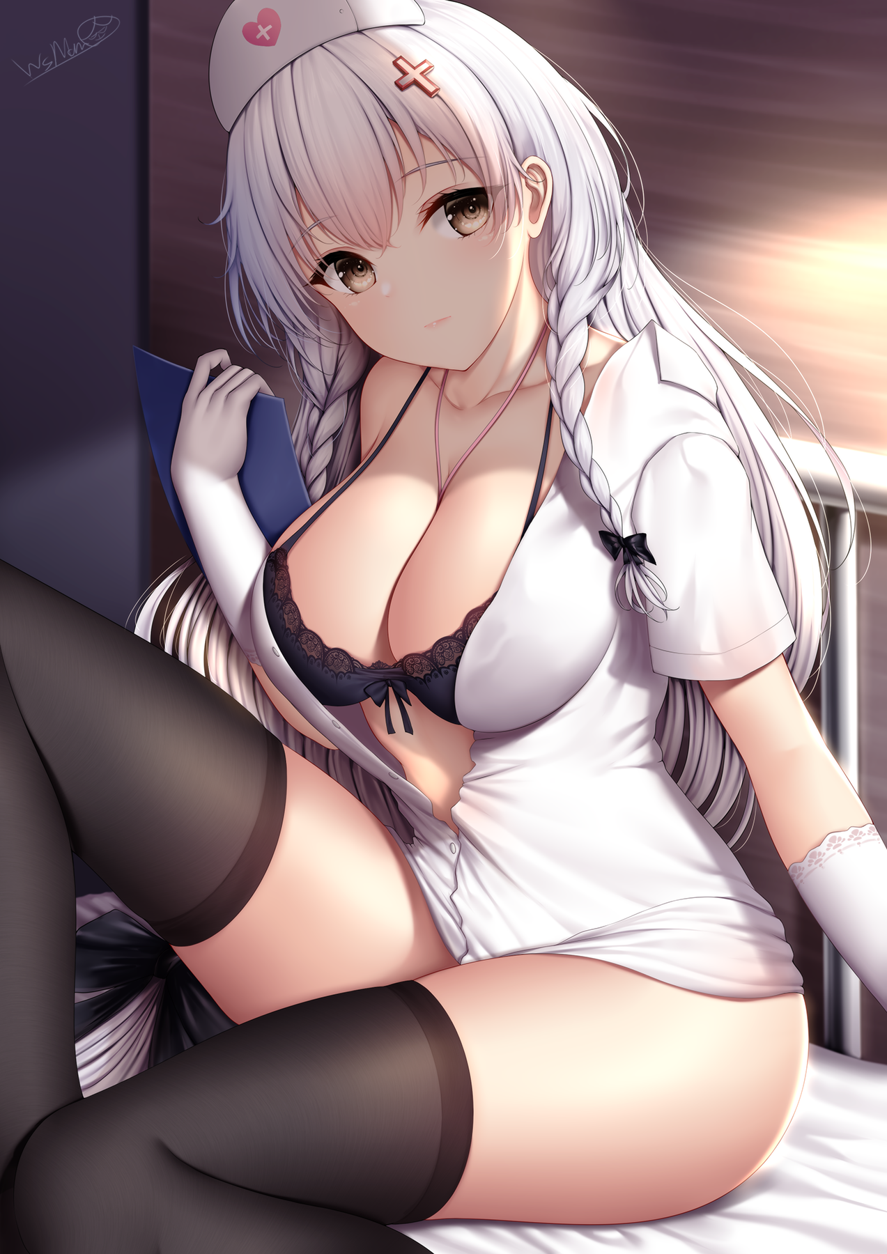 cleavage, big boobs, nurses, anime girls, Azur Lane, portrait display,  anime, thigh-highs, nurse outfit, silver hair, brown eyes, open clothes