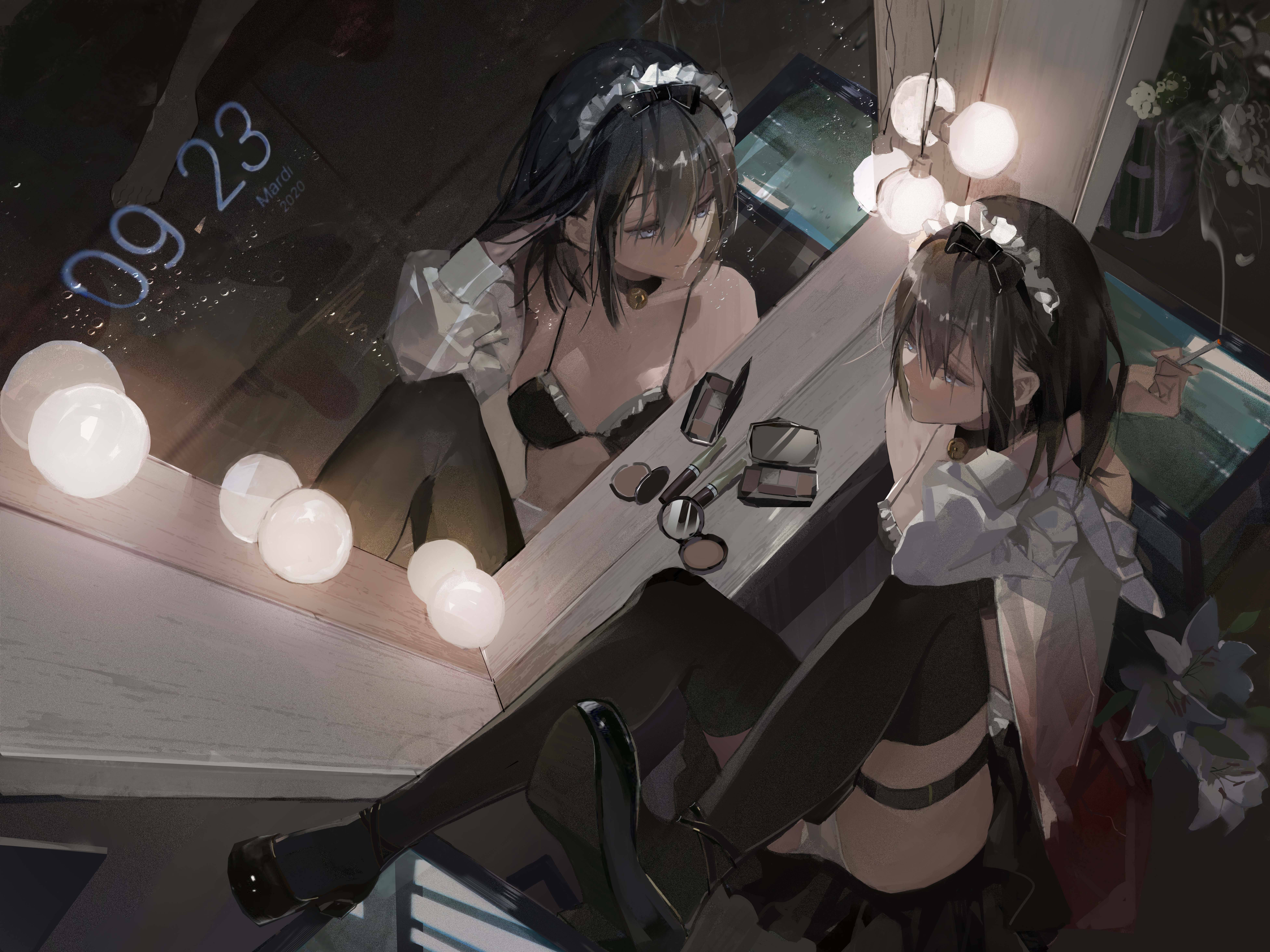 Anime 7813x5860 anime anime girls digital art artwork 2D Songruan smoking mirror reflection high angle dark hair time maid outfit bikini maid bikini open shirt thigh-highs legs up