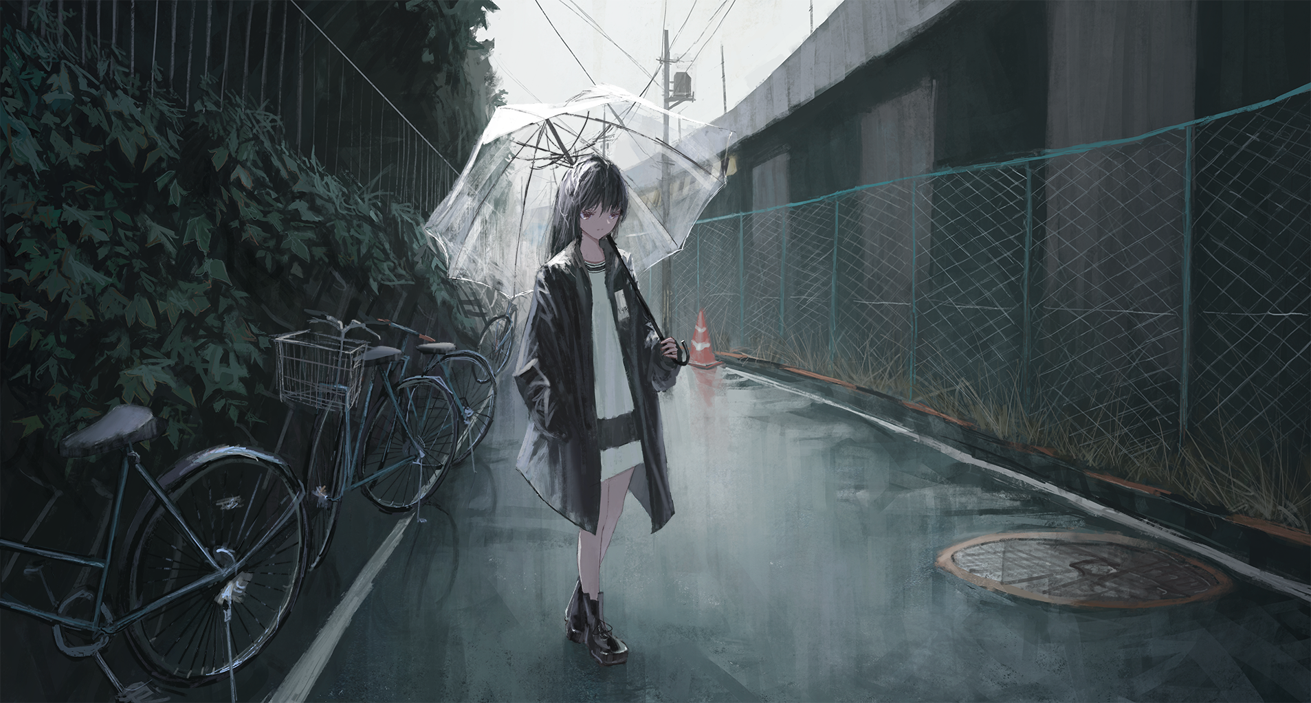 Anime 1907x1023 anime anime girls digital art artwork 2D portrait kgmnx umbrella bicycle open coat dress dark hair rain
