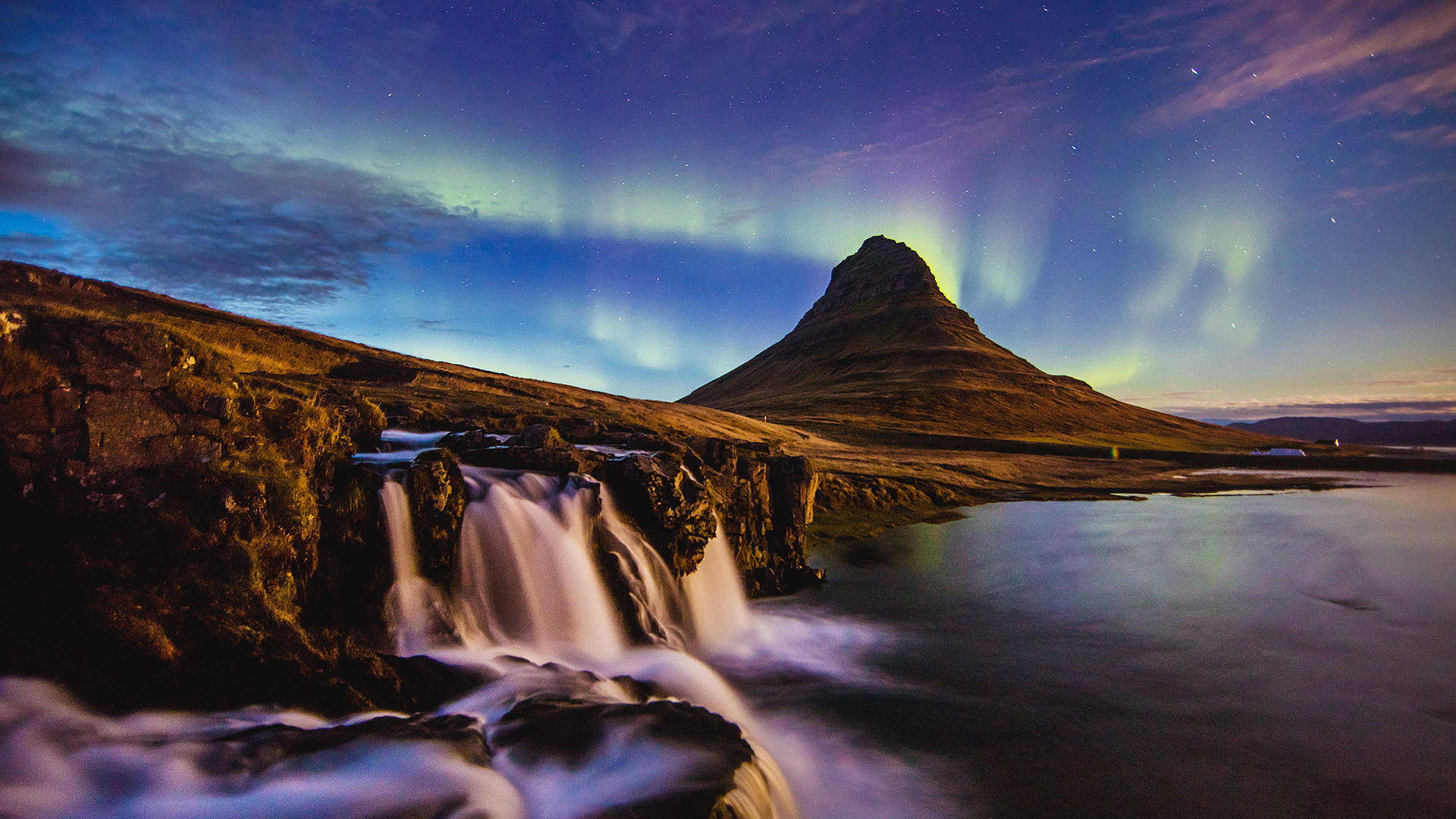 General 1920x1080 photography clouds water mountains aurorae waterfall Iceland Kirkjufell nordic landscapes