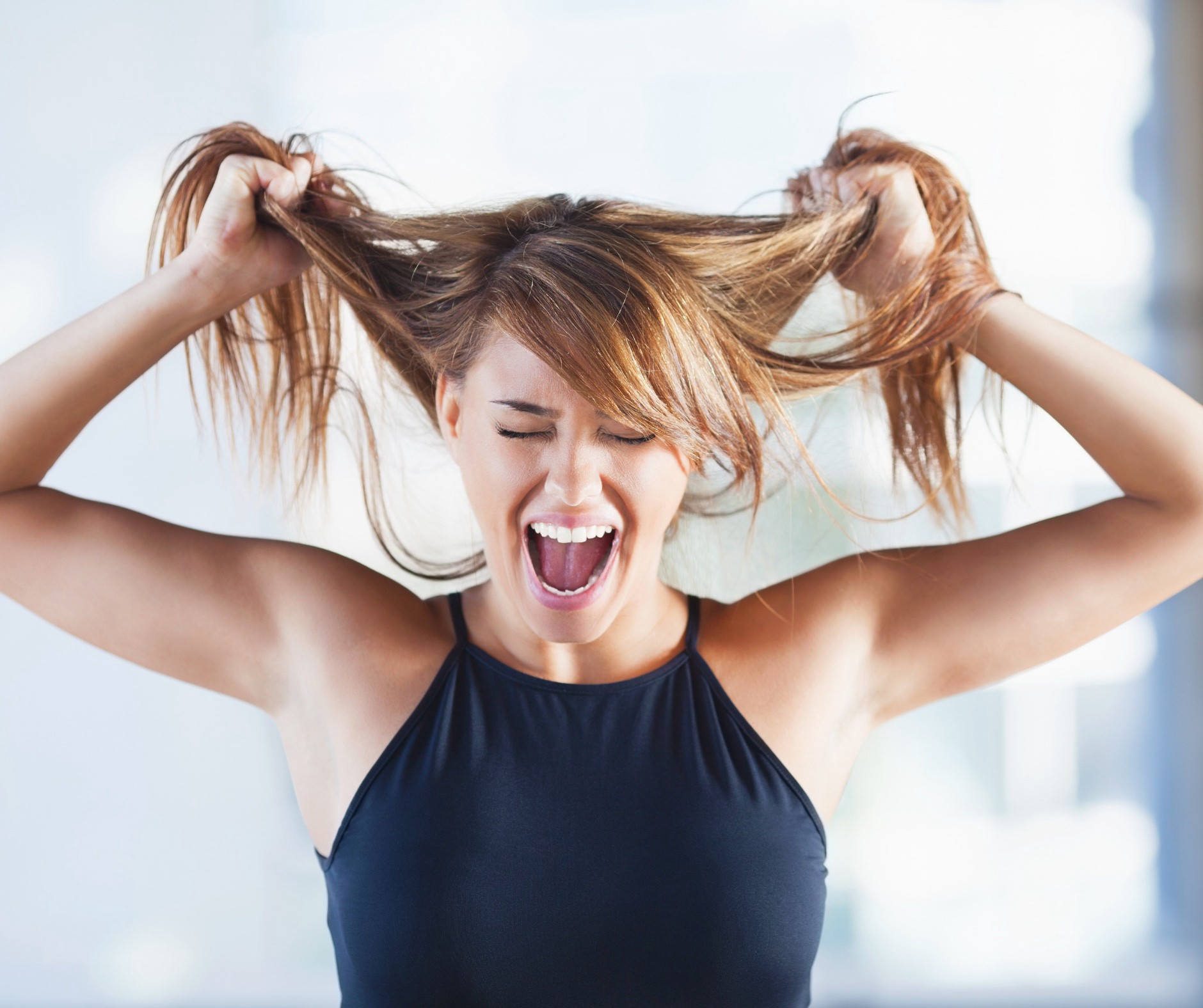 People 1880x1576 women screaming holding hair open mouth arms up armpits brunette long hair closed eyes simple background