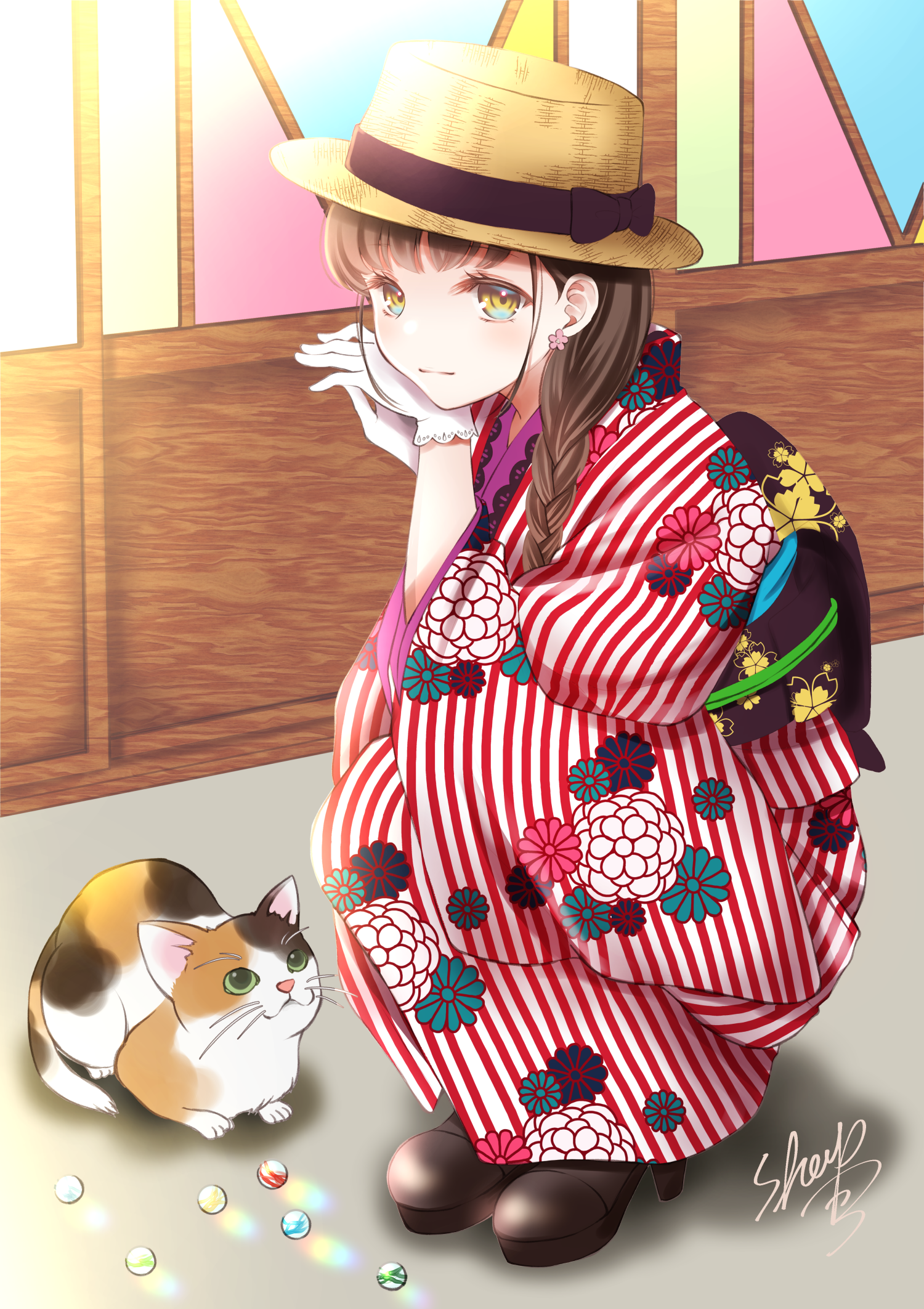 Anime 1500x2125 anime anime girls digital art artwork 2D portrait display Japanese clothes kimono hat cats Sheepd