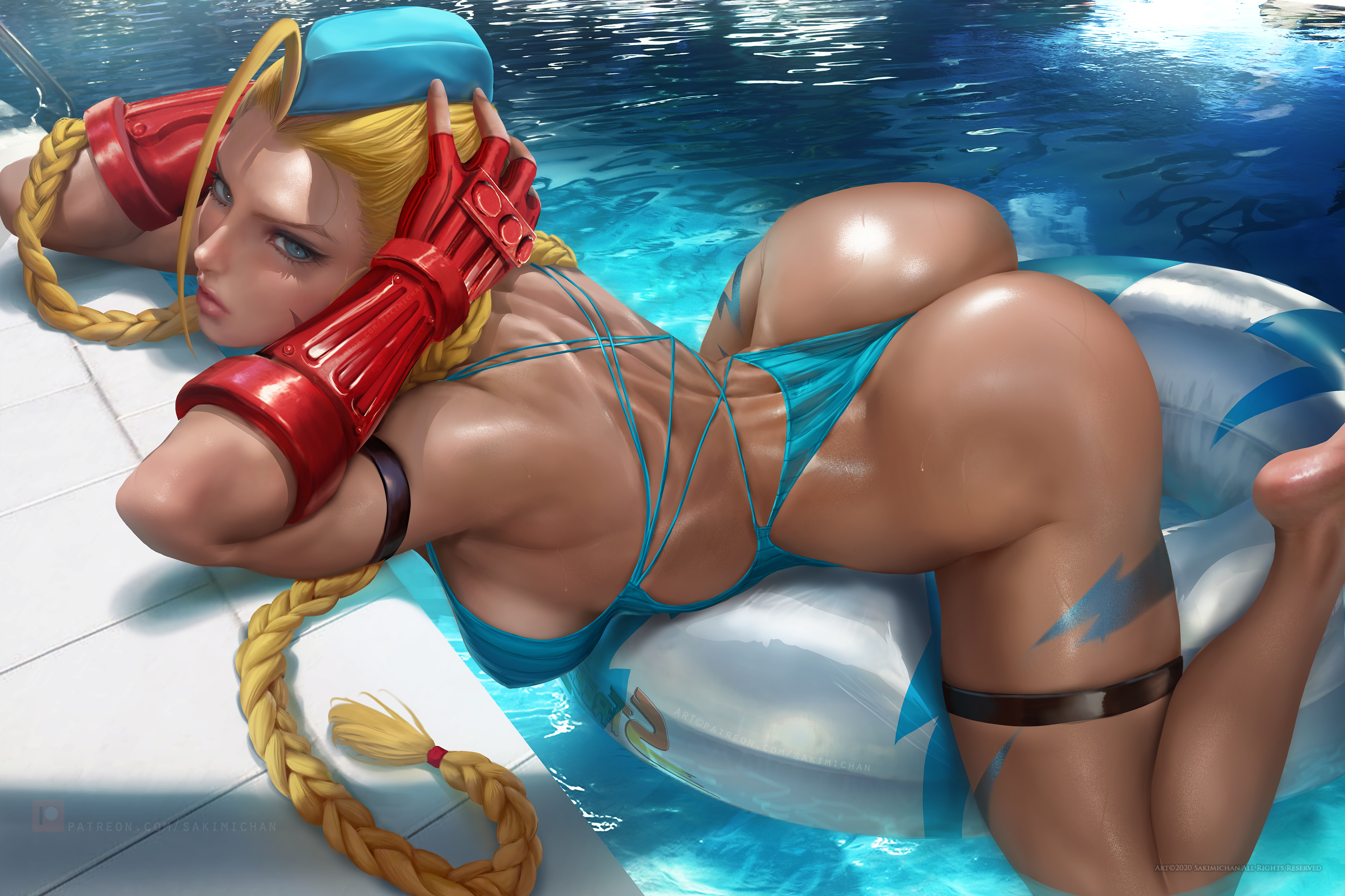 General 3500x2333 Sakimichan Street Fighter Cammy White blonde braids swimwear digital art video games berets swimming pool video game characters ass one-piece swimsuit artwork blue eyes illustration video game girls water long hair looking at viewer drawing arched back fan art