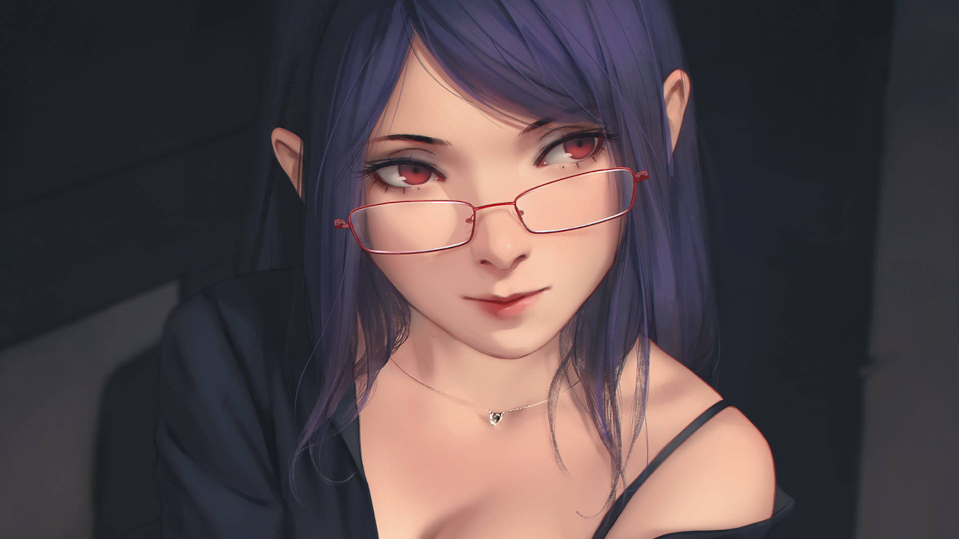 Anime 1920x1080 red eyes purple hair necklace Kamishiro Rize anime women with glasses Tokyo Ghoul anime girls cropped artwork Miura Naoko