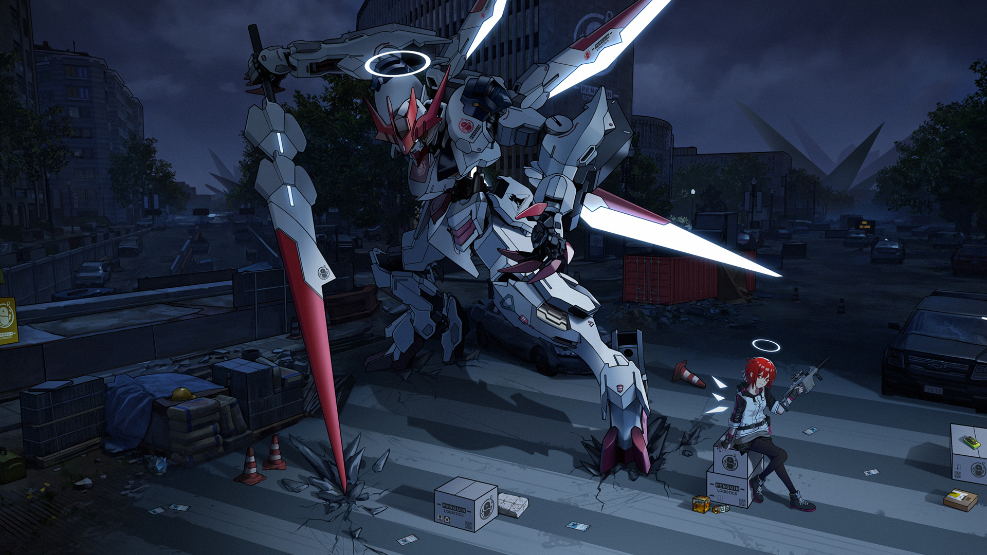 Anime 1920x1080 clouds mech building car SMG wings redhead Halo spear Barbatos Gundam Arknights anime