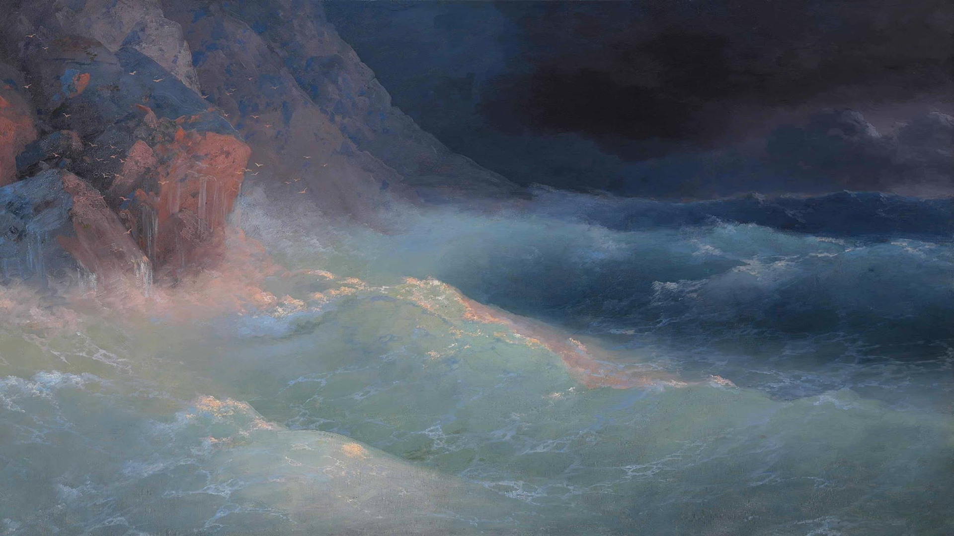 General 1920x1080 traditional art artwork painting sea nature rocks waves