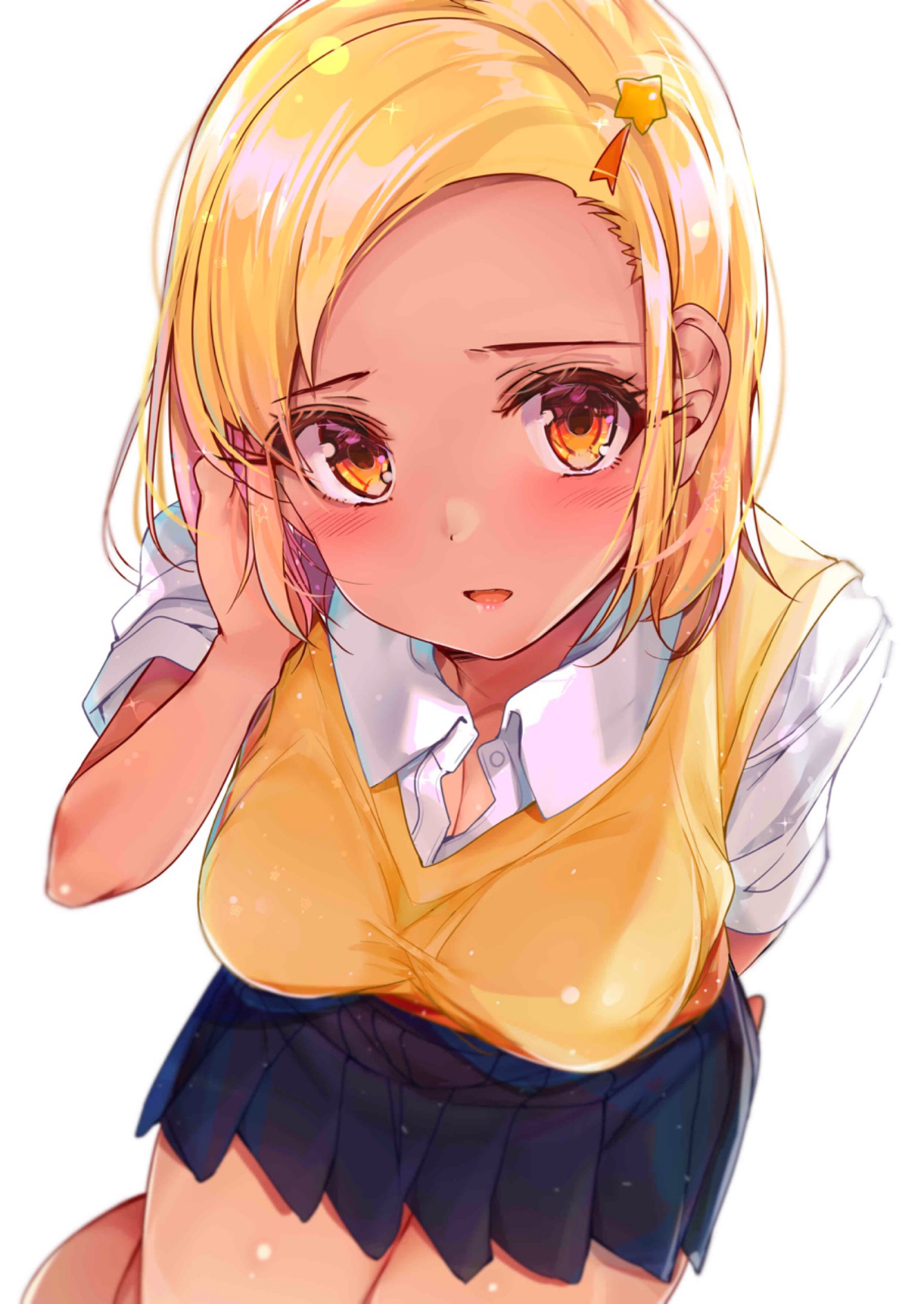 Short Hair Blonde Big Boobs Open Mouth Rouka Tanned Simple Background Anime Anime Girls