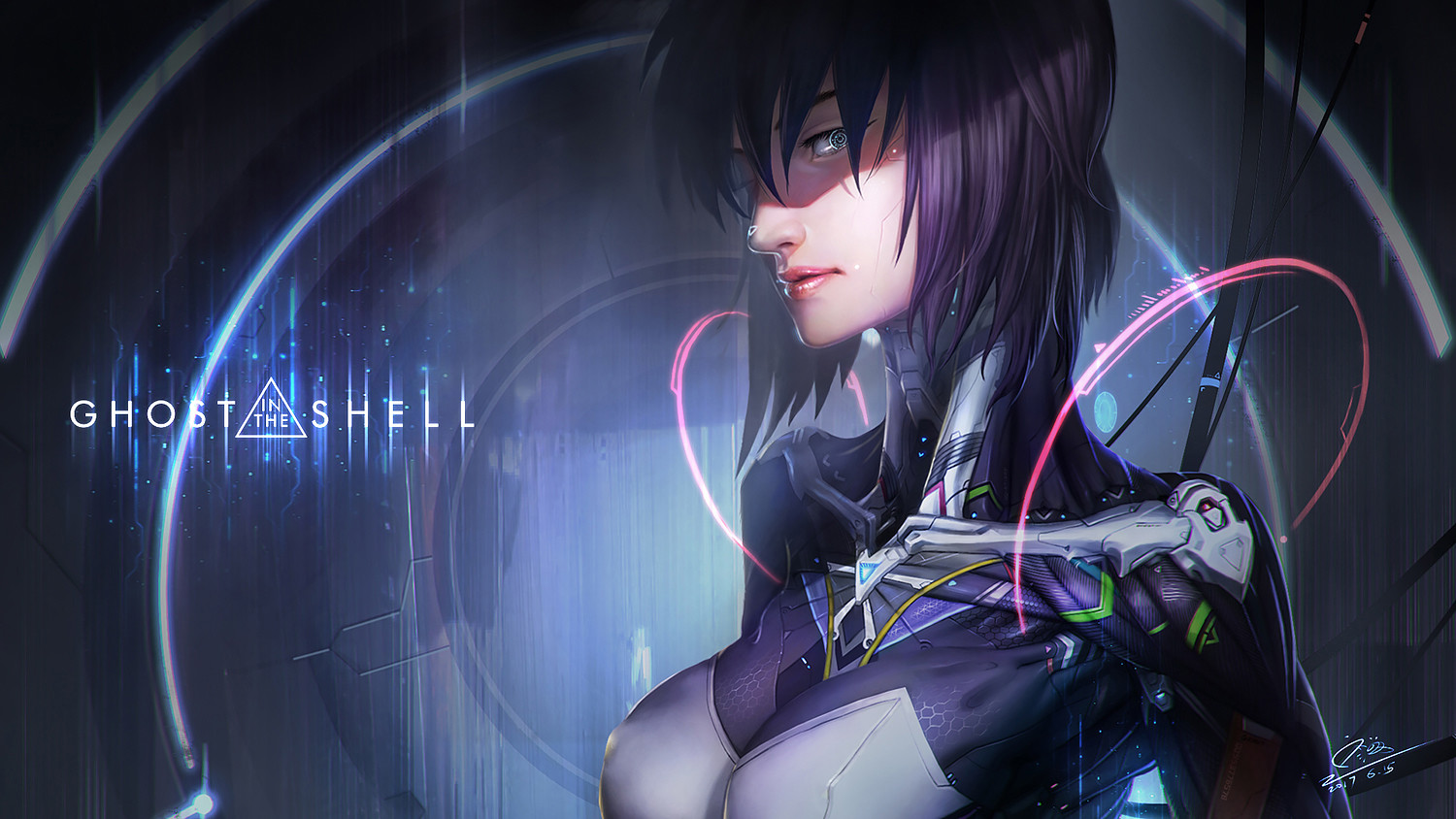 women, purple hair, Ghost in the Shell, anime, fan art, cyberpunk, digital art, Kusanagi Motoko ...