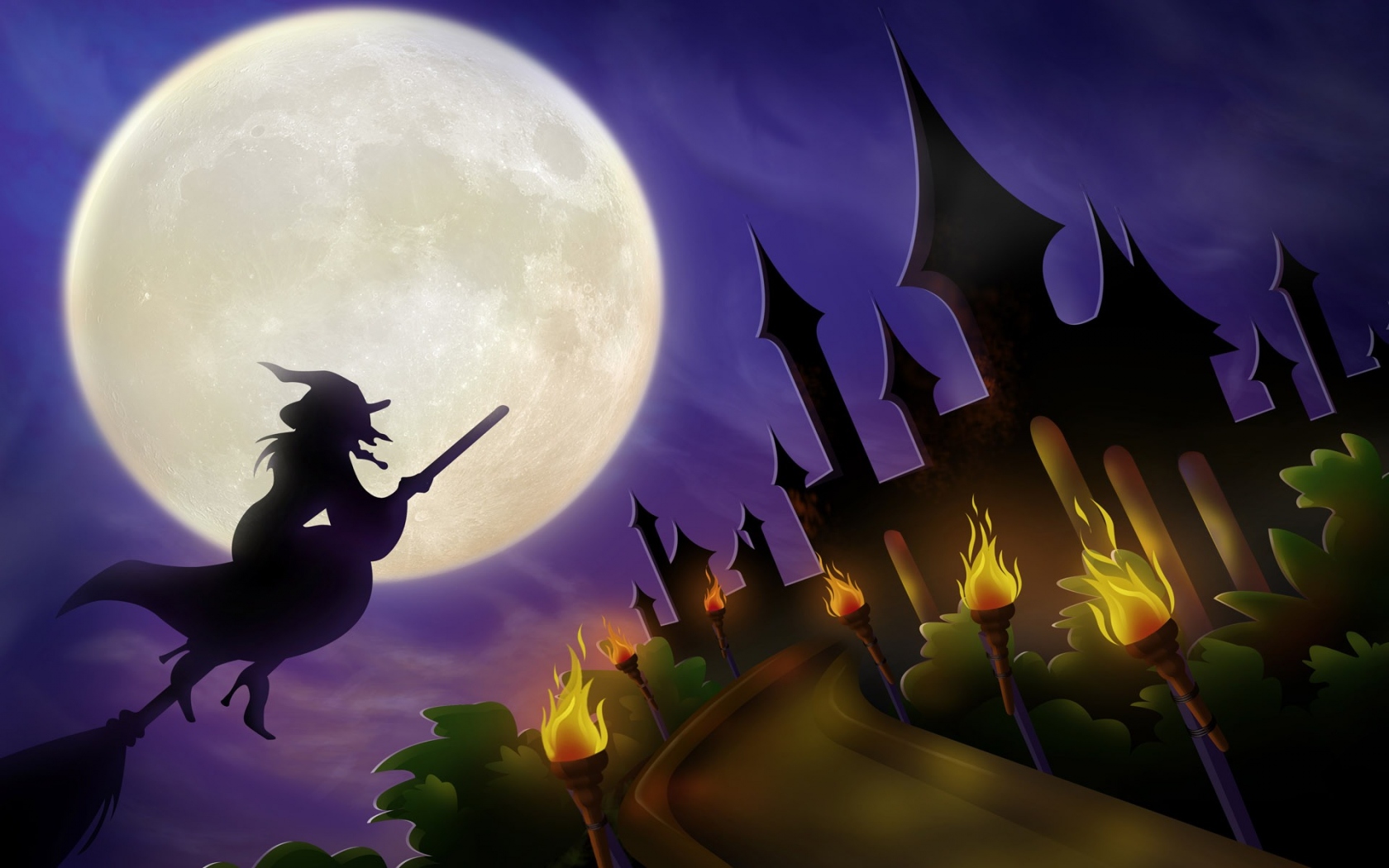 General 1680x1050 vector art silhouette Halloween moonlight witch witch's broom castle torches full moon broom fantasy art