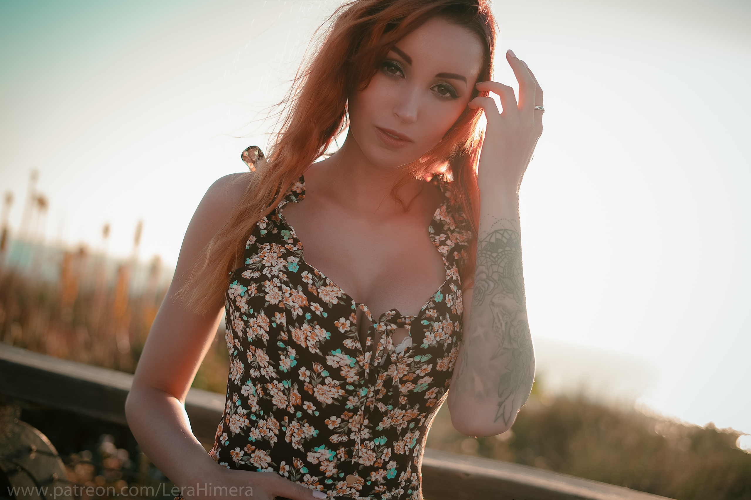People 2560x1707 Valery Himera women model redhead long hair portrait looking at viewer dress cleavage outdoors tattoo inked girls backlighting sunset depth of field sky women outdoors smiling summer  dress frontal view young women