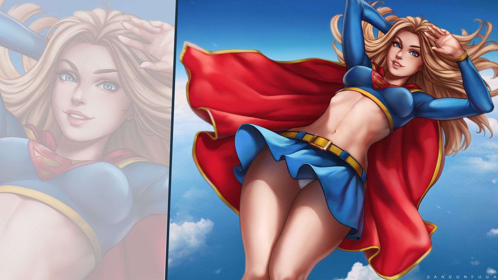 General 1920x1080 Dandonfuga Supergirl blonde blue eyes looking at viewer cape superheroines watermarked digital art