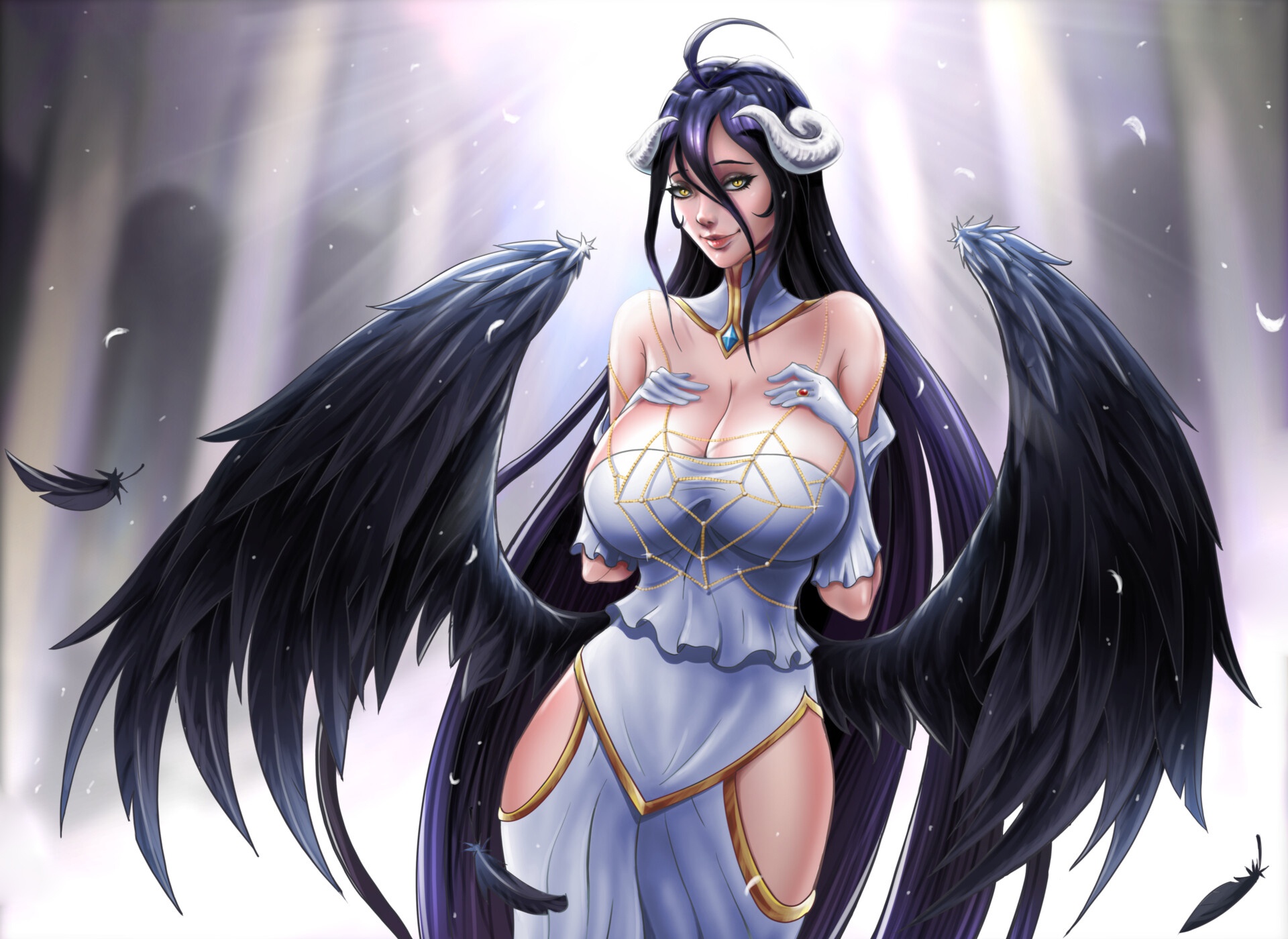 Anime 1920x1400 fantasy girl boobs big boobs huge breasts wings fantasy art horns succubus yellow eyes long hair Albedo (OverLord) Overlord (anime)