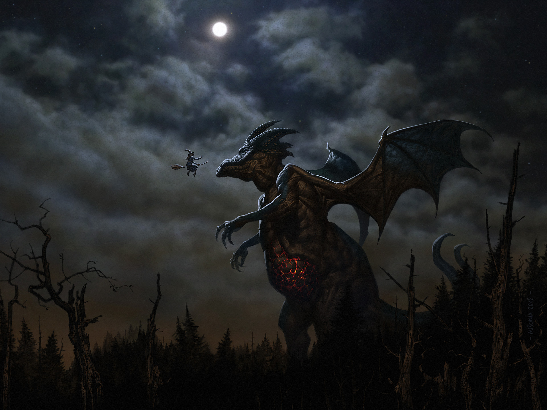 General 1920x1440 Ausonia 23 medieval dragon night giant bat wings horns forest trees clouds witch Moon dark digital art low light