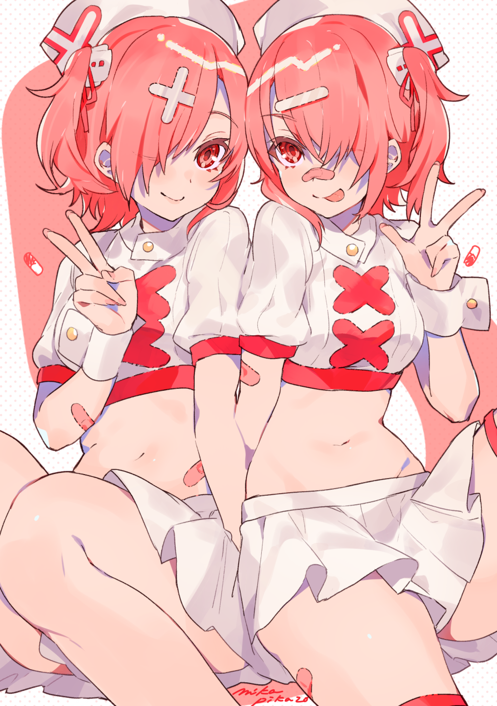 Anime 987x1400 anime anime girls digital art artwork portrait display 2D mika pikazo nurses nurse outfit crop top miniskirt redhead red eyes short hair tongue out twins