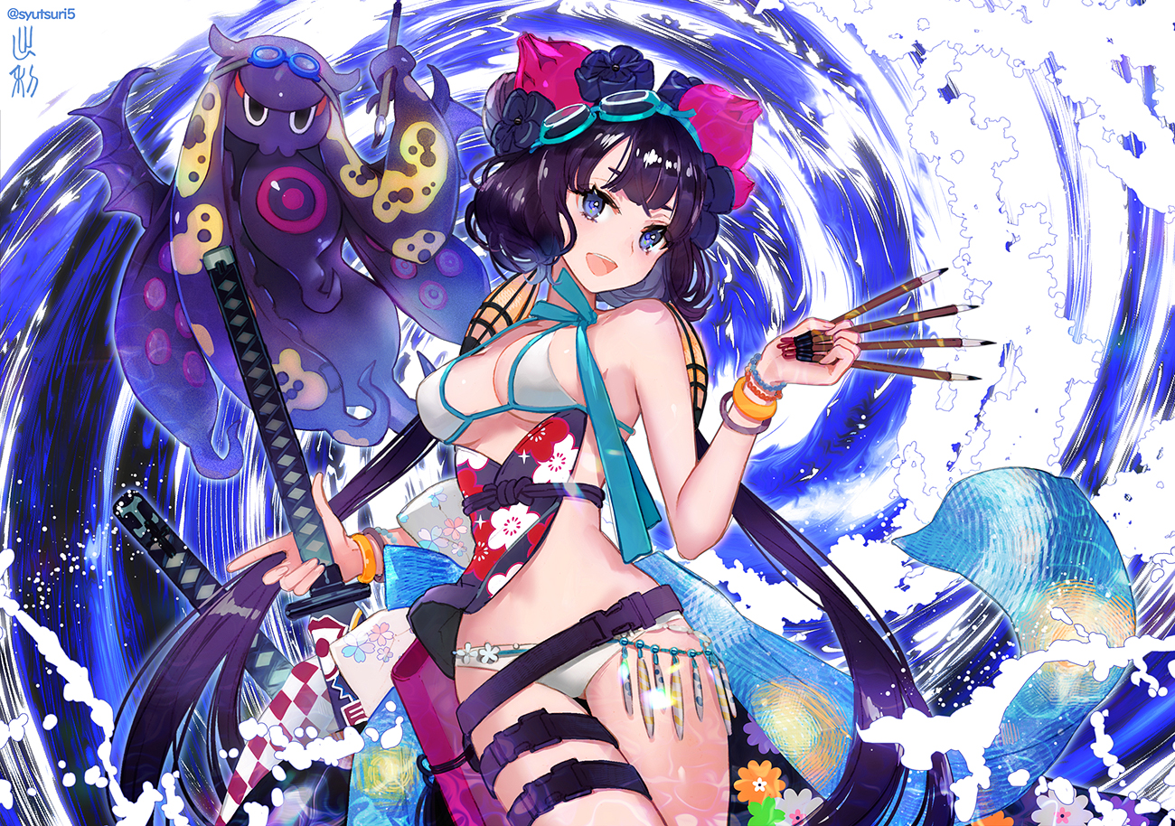 Anime 1300x914 anime anime girls digital art artwork portrait boobs big boobs 2D Katsushika Hokusai (Fate/Grand Order) Fate series Fate/Grand Order Shutsuri sword bikini twintails purple hair blue eyes