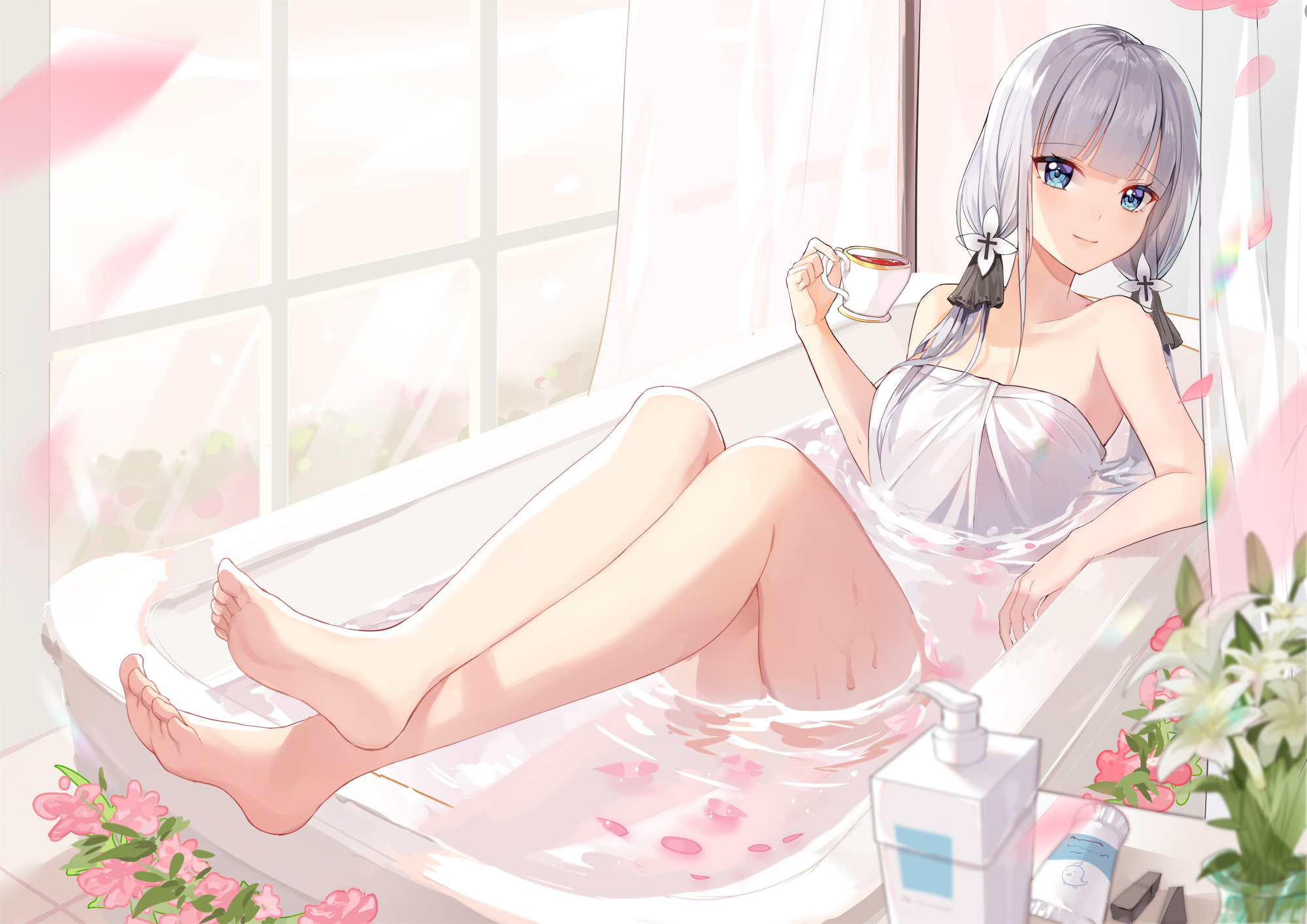 Anime 2000x1414 anime anime girls digital art artwork 2D Azur Lane Illustrious (Azur Lane) in bathtub towel wet feet