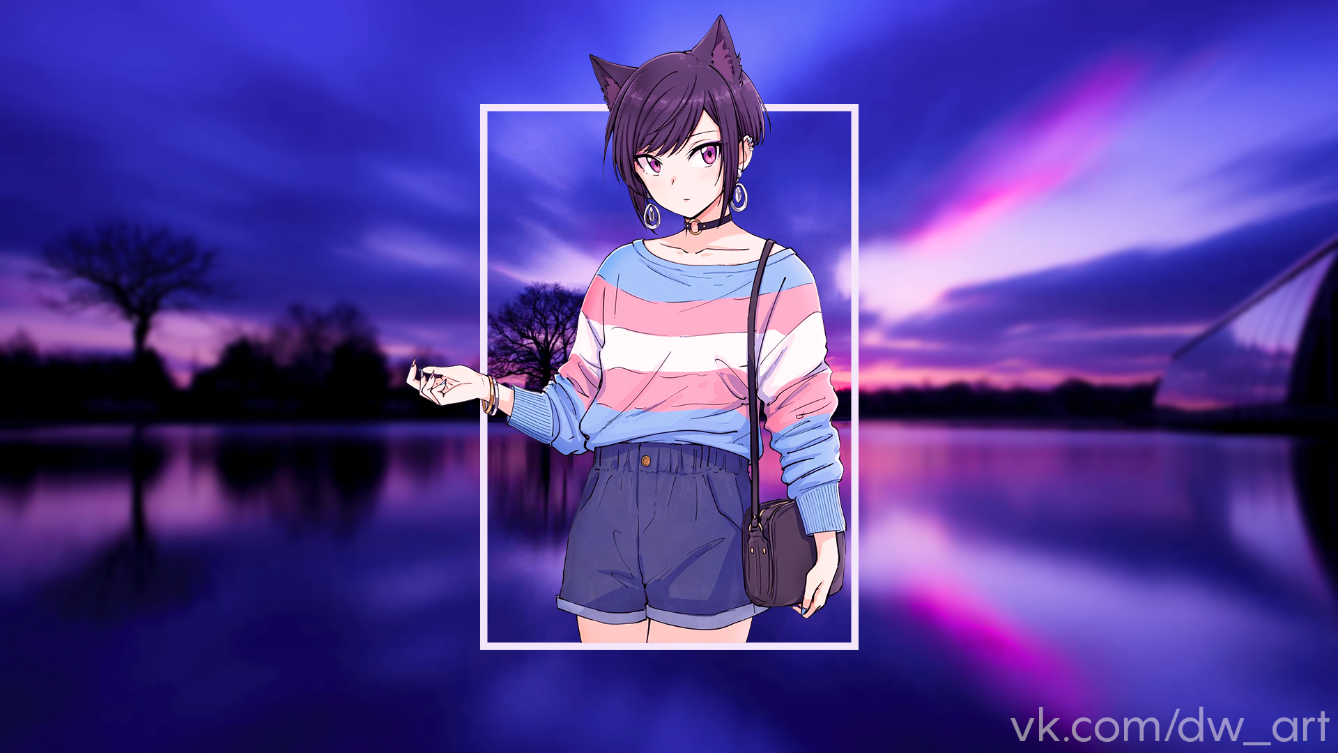 Anime 1920x1080 anime picture-in-picture purple eyes animal ears transgender short hair watermarked