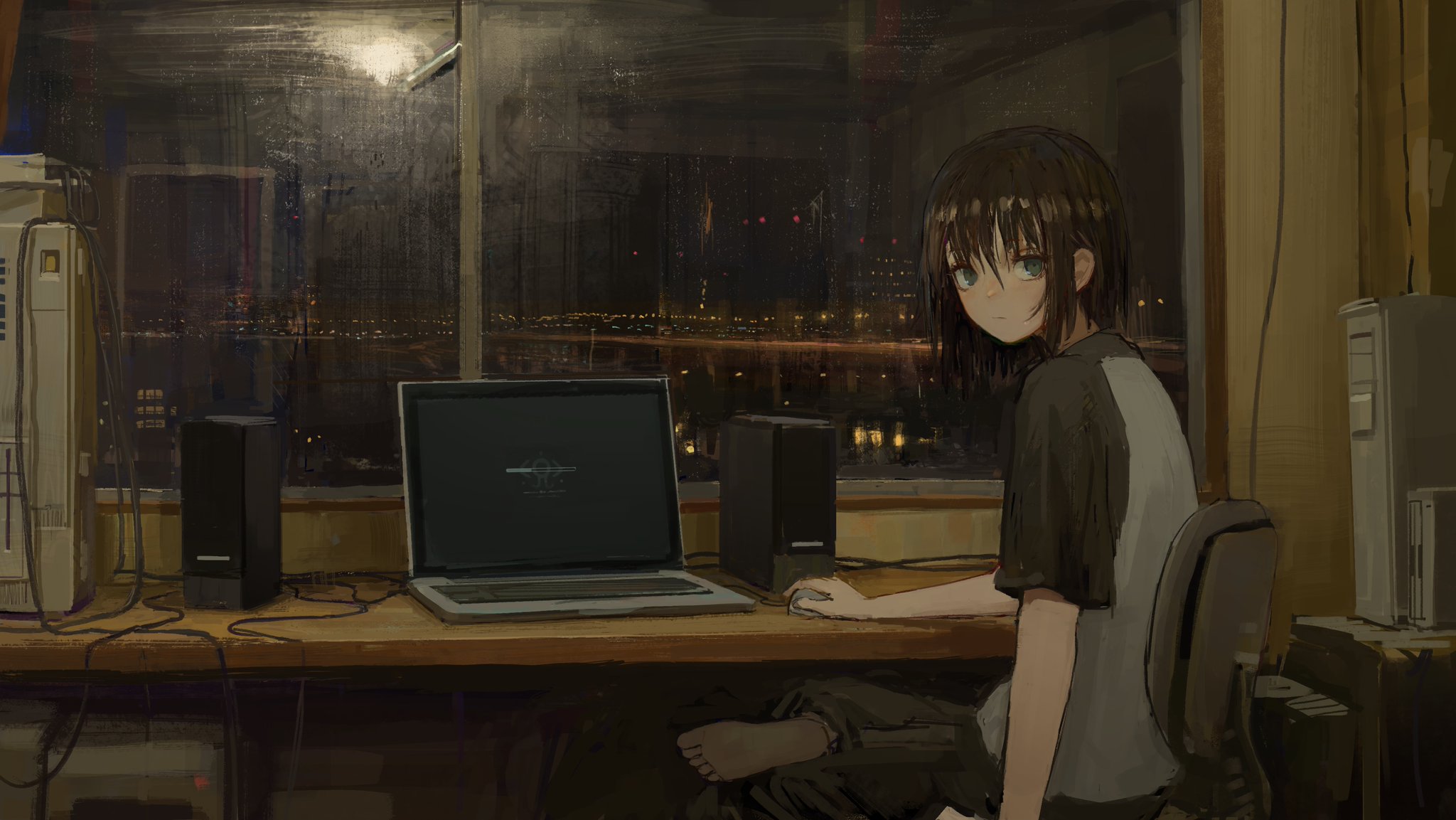 Anime 2048x1153 anime girls laptop looking at viewer evening artwork city room computer speakers window chair computer mice Serial Experiments Lain Lain Iwakura shion (mirudakemann) women indoors indoors green eyes sitting barefoot monitor technology brunette