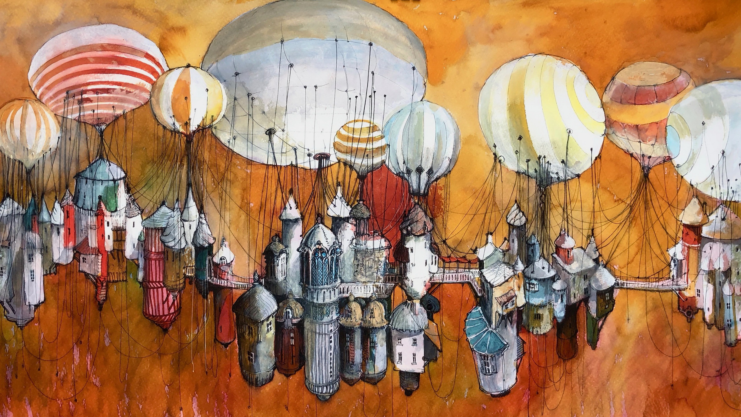 General 2560x1440 artwork fantasy art city hot air balloons