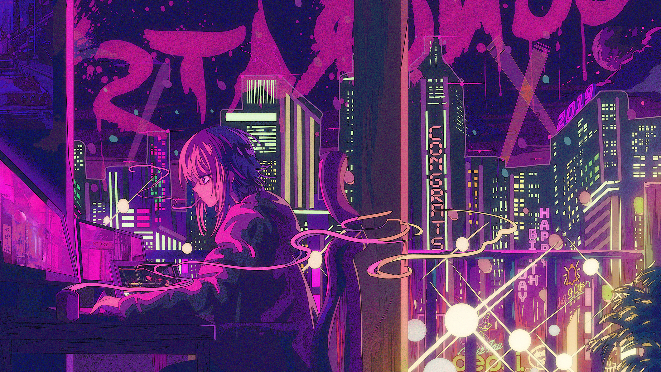 Anime 2120x1193 cigarettes night city computer polychrome