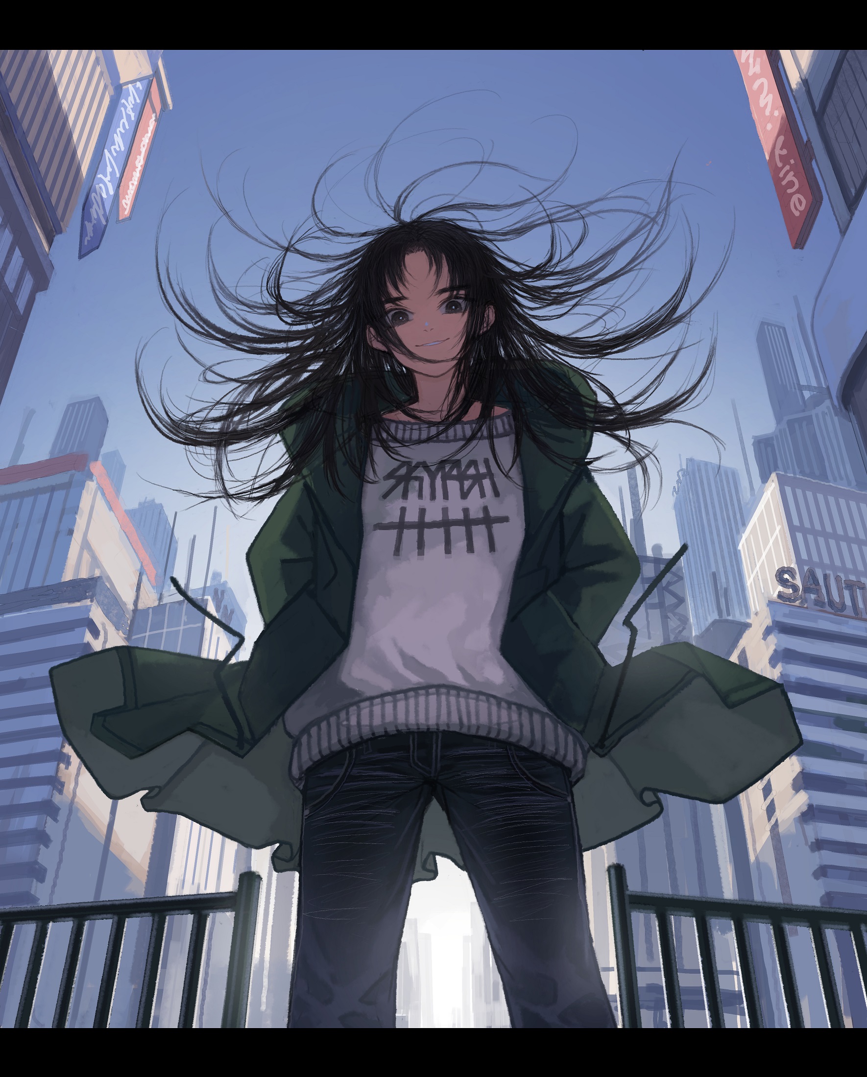 Anime 1770x2200 anime girls anime dark hair city long hair