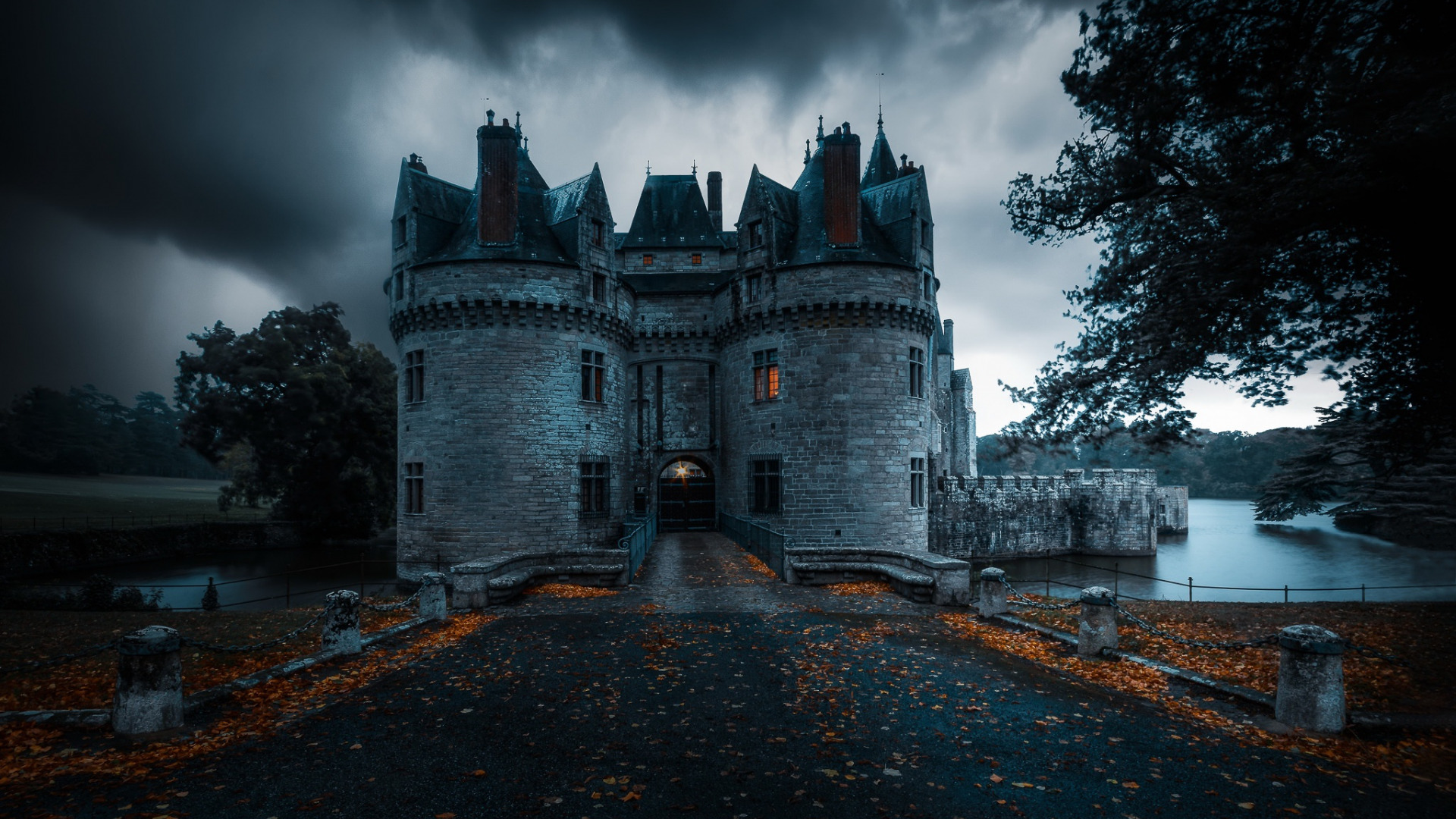 General 1920x1080 architecture castle France ancient dark lake trees fall fallen leaves evening clouds overcast low light