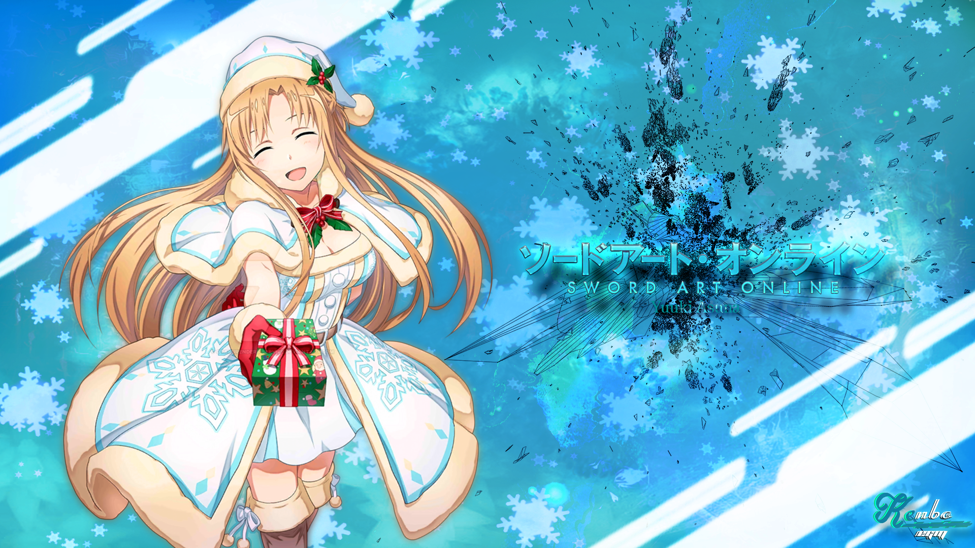 Anime 1920x1080 anime girls anime presents Christmas Christmas ornaments  Sword Art Online Yuuki Asuna (Sword Art Online) holiday Christmas presents happy long hair dress closed eyes open mouth