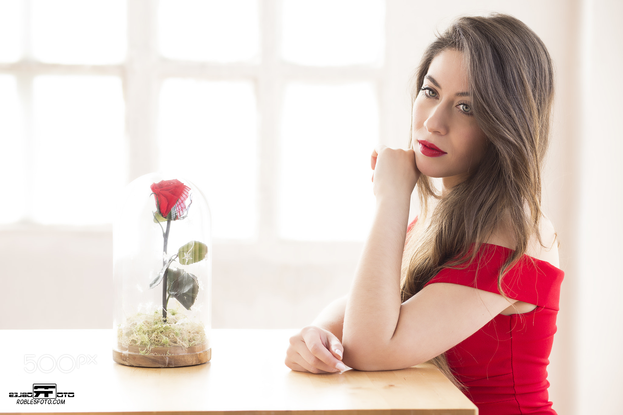 People 2048x1365 Marcos Muñoz Martinez  flowers brunette women women indoors 500px red lipstick red flowers rose red dress touching face overexposed watermarked