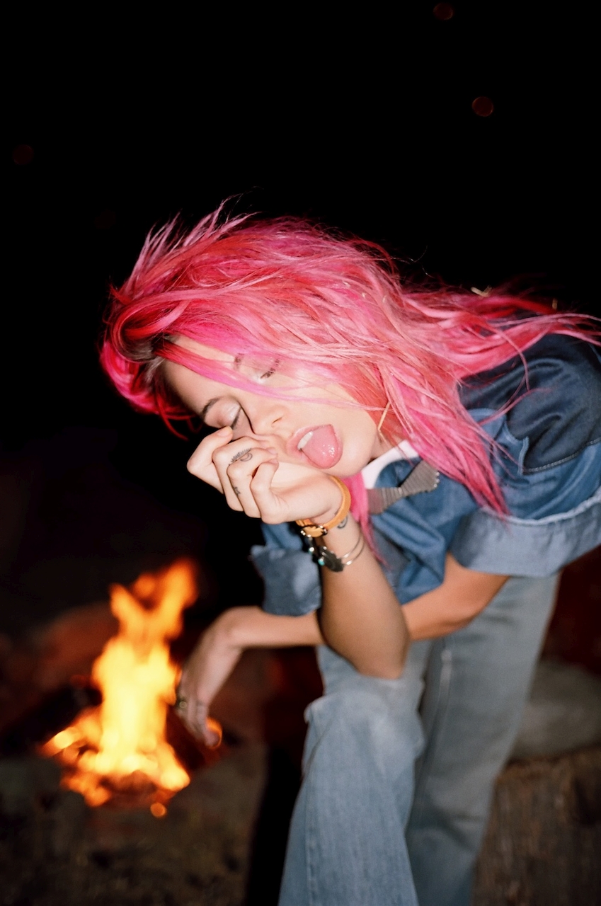 People 849x1280 Chloe Nørgaard women model closed eyes tongue out night fire depth of field pink hair Danish long hair