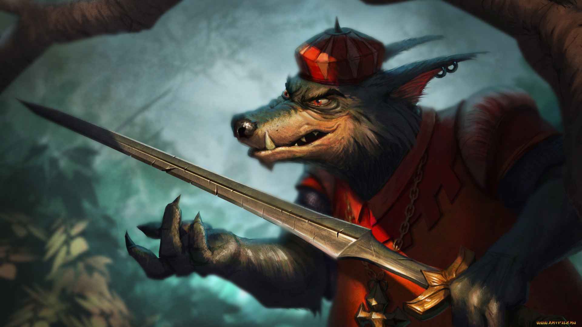 General 1920x1080 fantasy art sword creature artwork wolf red eyes hat claws Robin Hood Anthro digital art watermarked
