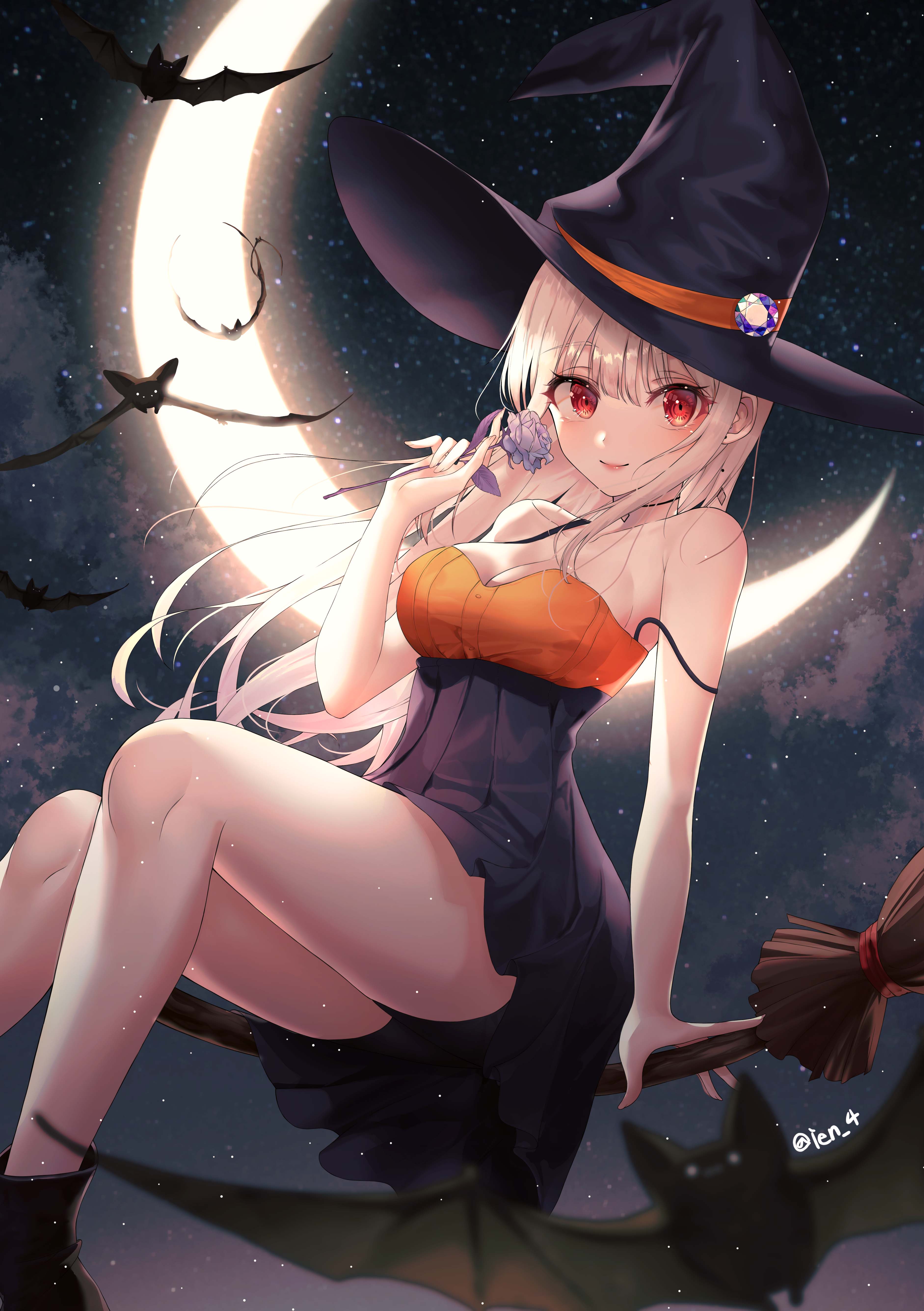 Anime 3765x5340 artwork 2D witch witch hat bats broom anime girls Ien 4 Halloween night Moon