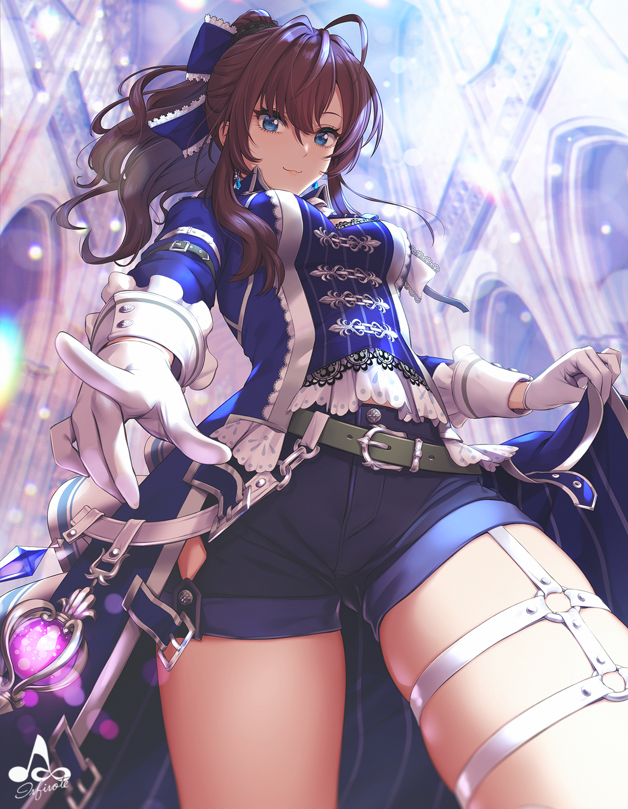 Anime 1242x1600 anime anime girls digital art artwork 2D portrait display brunette blue eyes ponytail low-angle short shorts infinote THE iDOLM@STER Ichinose Shiki looking below finger pointing