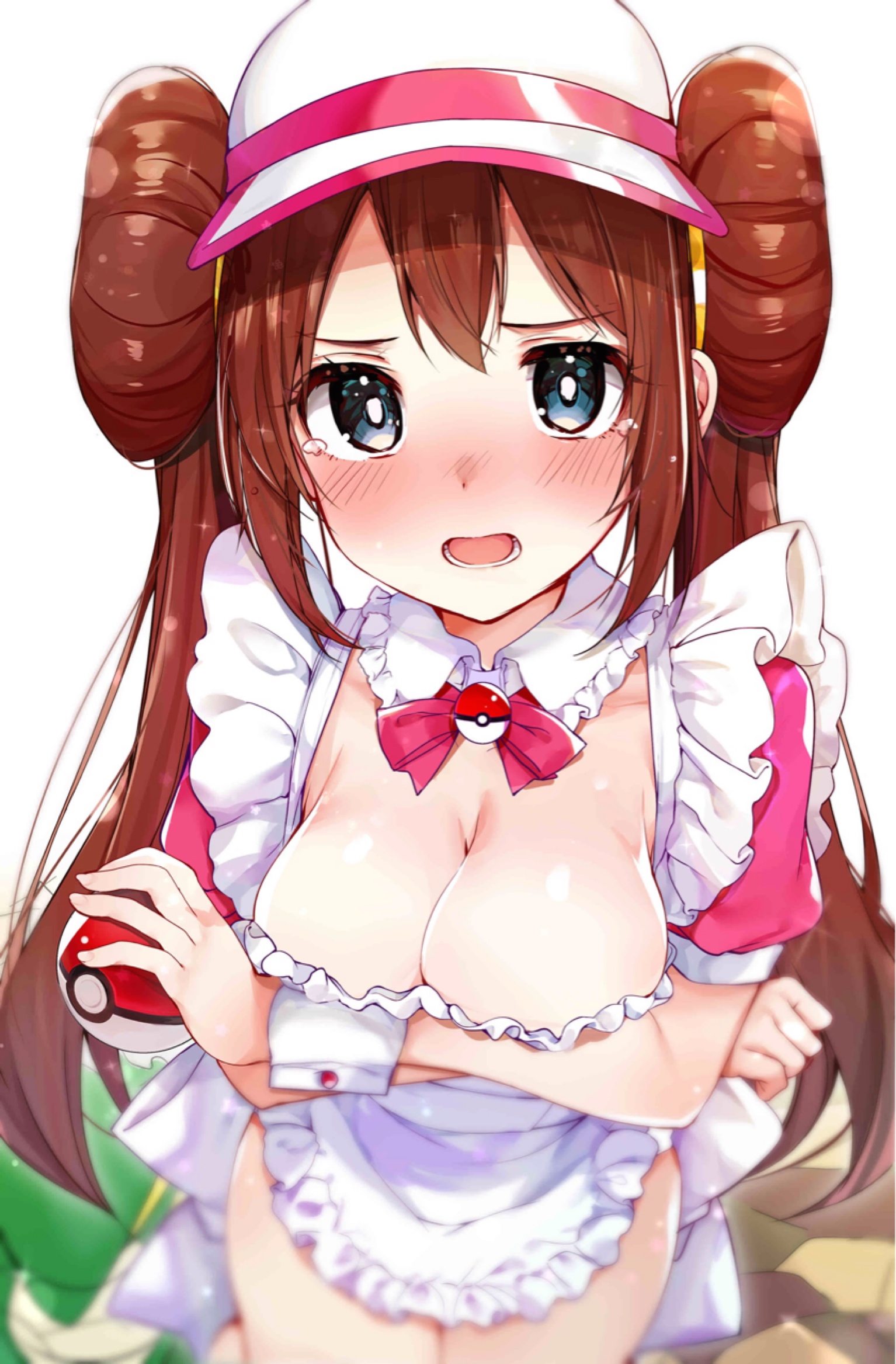 Anime 1534x2335 anime anime girls digital art artwork 2D portrait display Pokémon Rosa (Pokémon) brunette twintails blushing tears embarrassed cleavage holding boobs big boobs Rouka partially clothed apron naked apron undressing