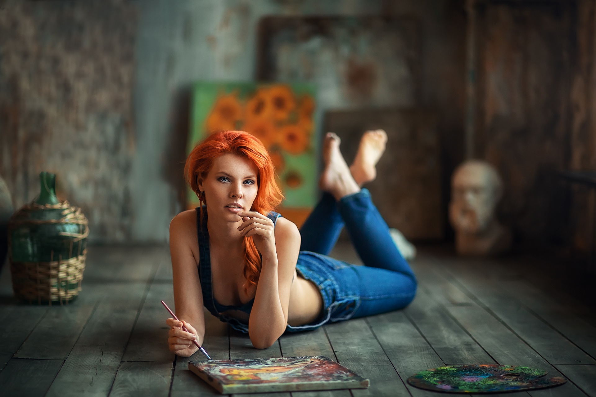 People 1920x1280 women model redhead on the floor women indoors painting depth of field floor bare shoulders barefoot carboy paint brushes