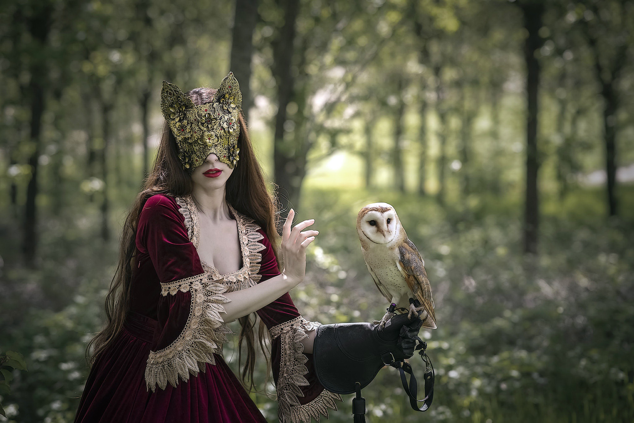 People 2048x1365 women model red dress mascara long hair neckline owl forest nature birds red lipstick costumes classical cleavage