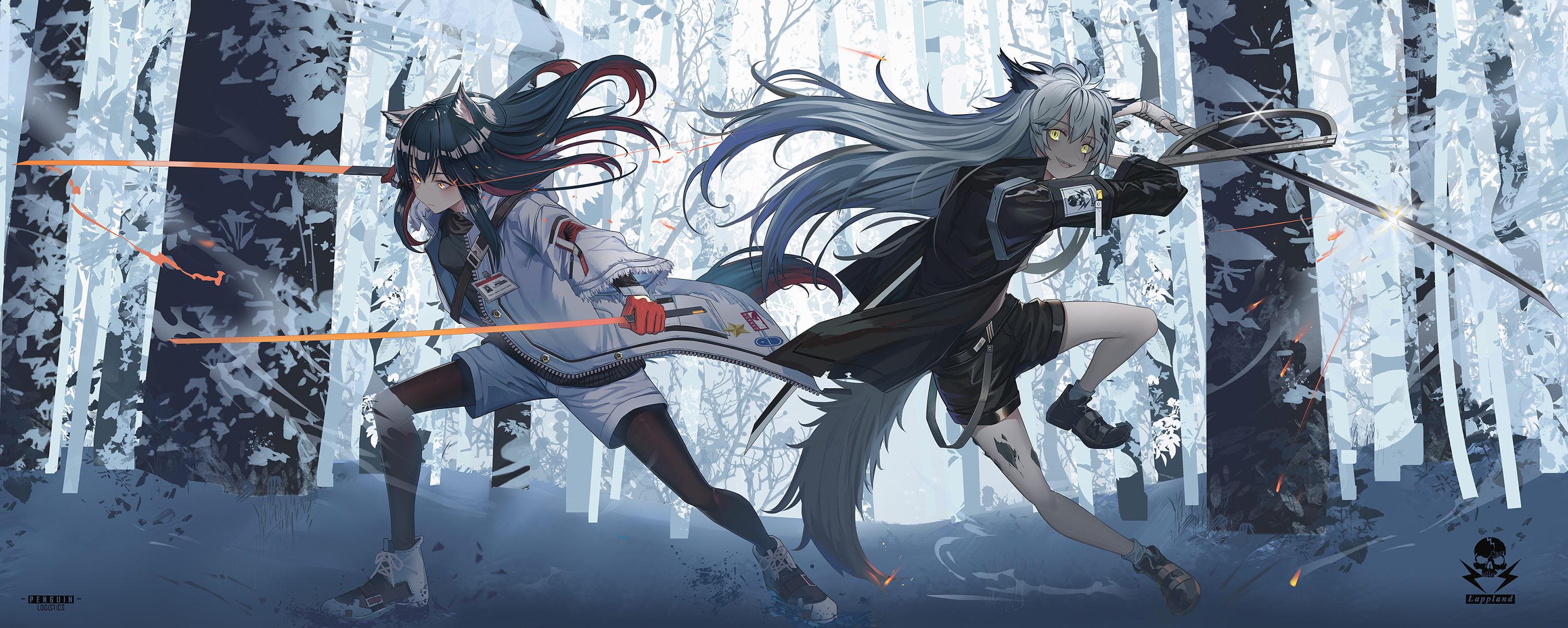 Anime 3004x1204 Arknights video game characters video games Lappland (Arknights) Texas (Arknights) animal ears forest shorts women with swords sword tail trees weapon snow jacket winter long hair wolf girls