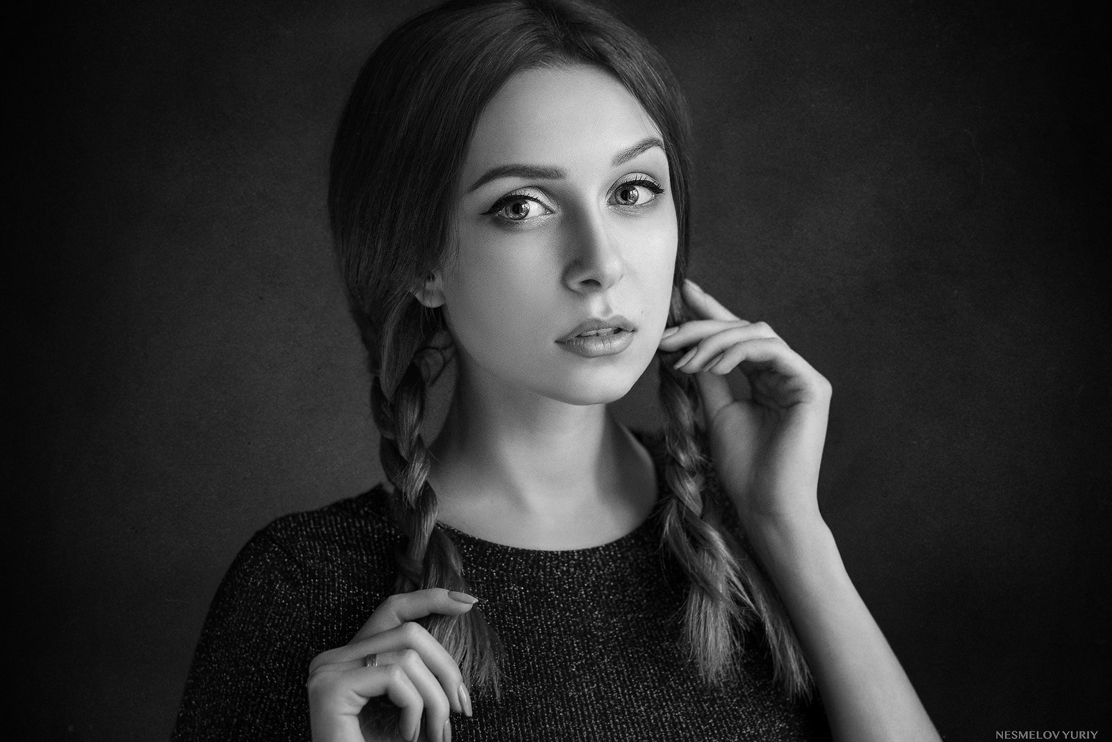 People 1600x1067 Yuriy Nesmelov women long hair twintails braids makeup looking at viewer long nails jewelry rings portrait simple background monochrome