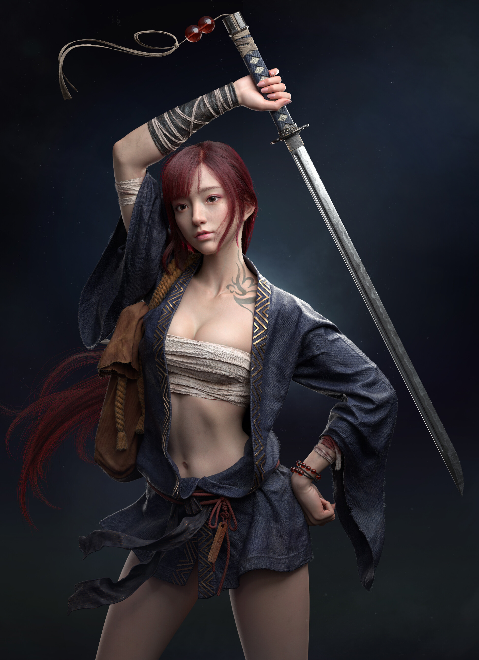 General 1885x2600 Haowen Yang women warrior katana redhead long hair kimono bracelets bandages simple background CGI sarashi