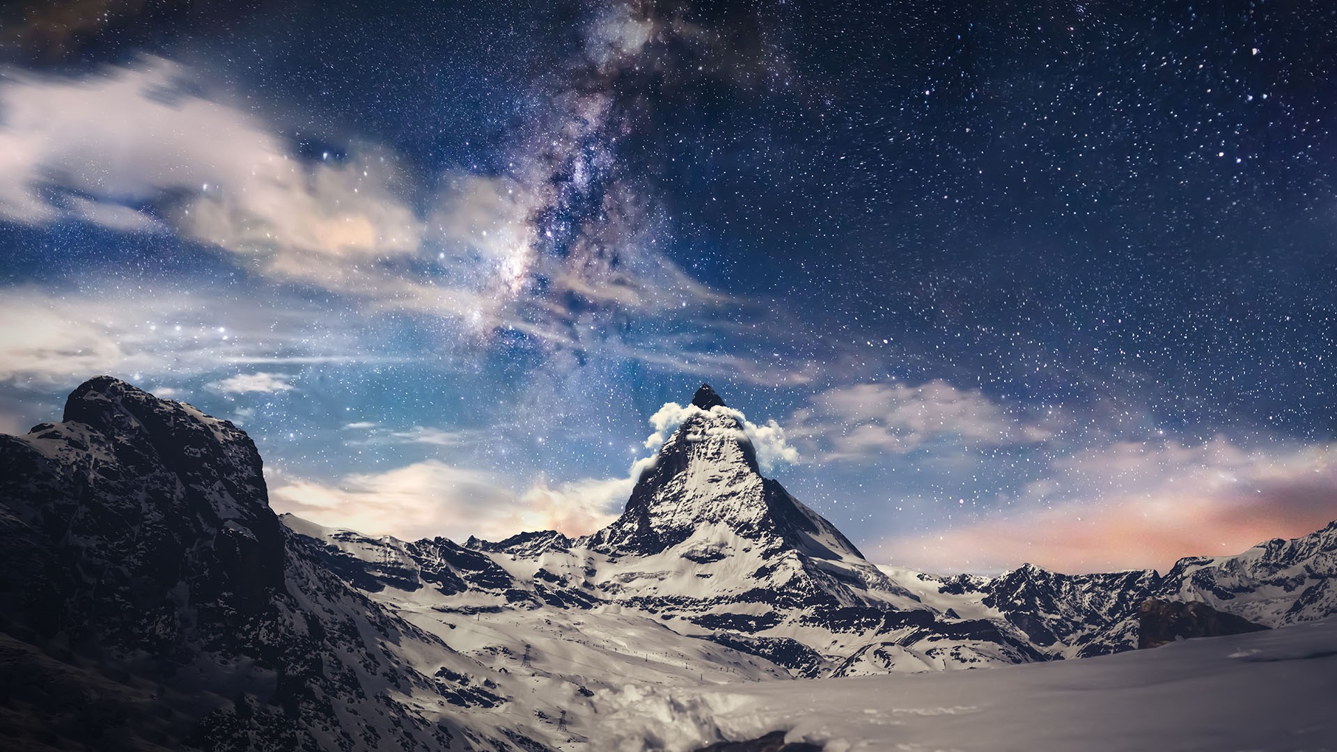 General 1920x1080 nature landscape far view mountains snow clouds rocks stars galaxy Milky Way night Matterhorn Zermatt Switzerland