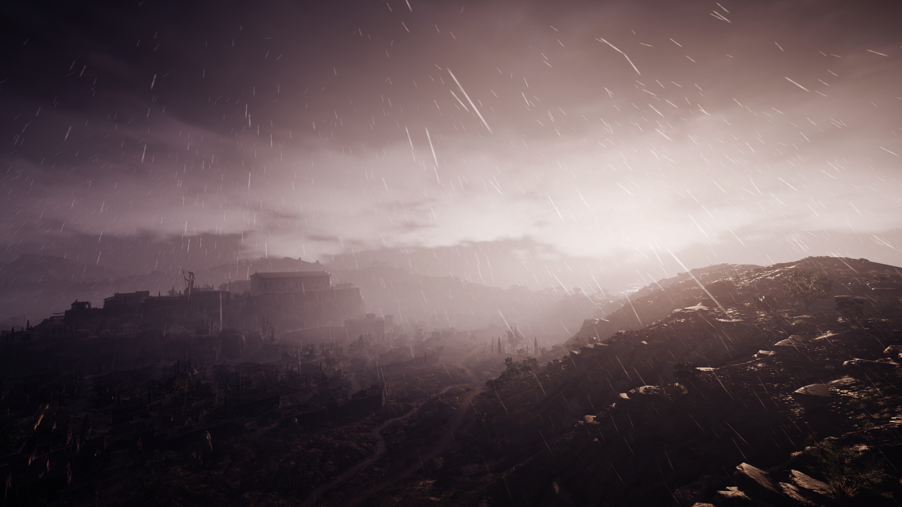 General 3840x2160 Assassins Creed: Odyssey screen shot video game landscape sunset rain