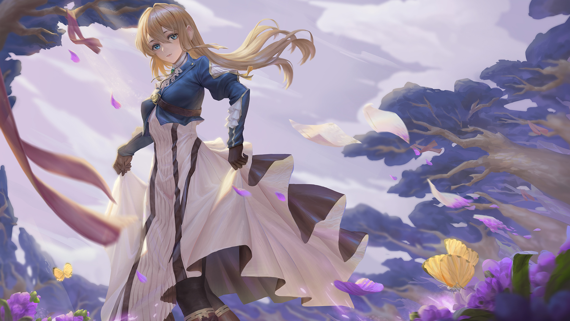 Anime 1920x1080 long hair blonde gloves clouds trees drawing artwork anime girls low-angle Violet Evergarden