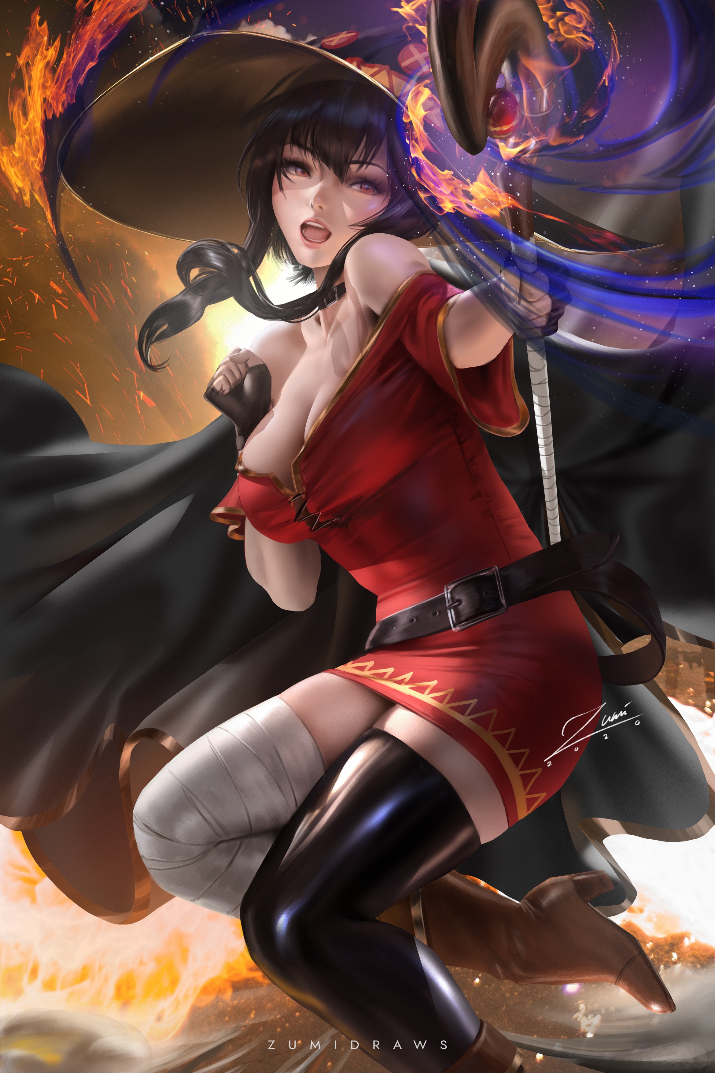 Anime 2339x3508 Megumin (KonoSuba) Kono Subarashii Sekai ni Shukufuku wo! anime girls anime fan art fantasy girl witch hat scepters fire brunette bangs looking at viewer red eyes open mouth choker fingerless gloves bare shoulders cleavage dress red dress cape bandages thigh-highs boots fantasy art portrait display artwork drawing digital art illustration watermarked Zumi happy sparks explosion witch